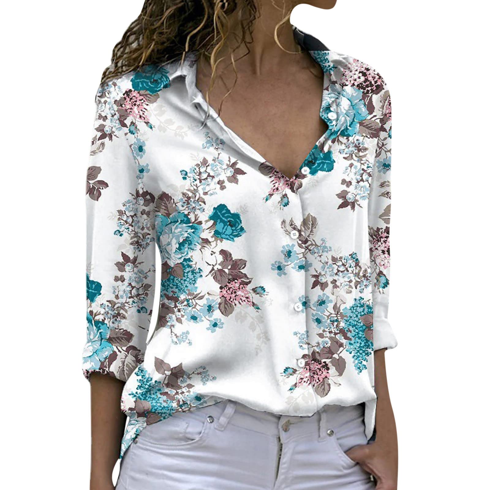 Women's Floral Print Long Sleeve Button Down Blouse - Summer Casual Fitted White Dressy Top for Work & Date Night | Elegant Lapel Shirt for Office, Party & Special Occasions
