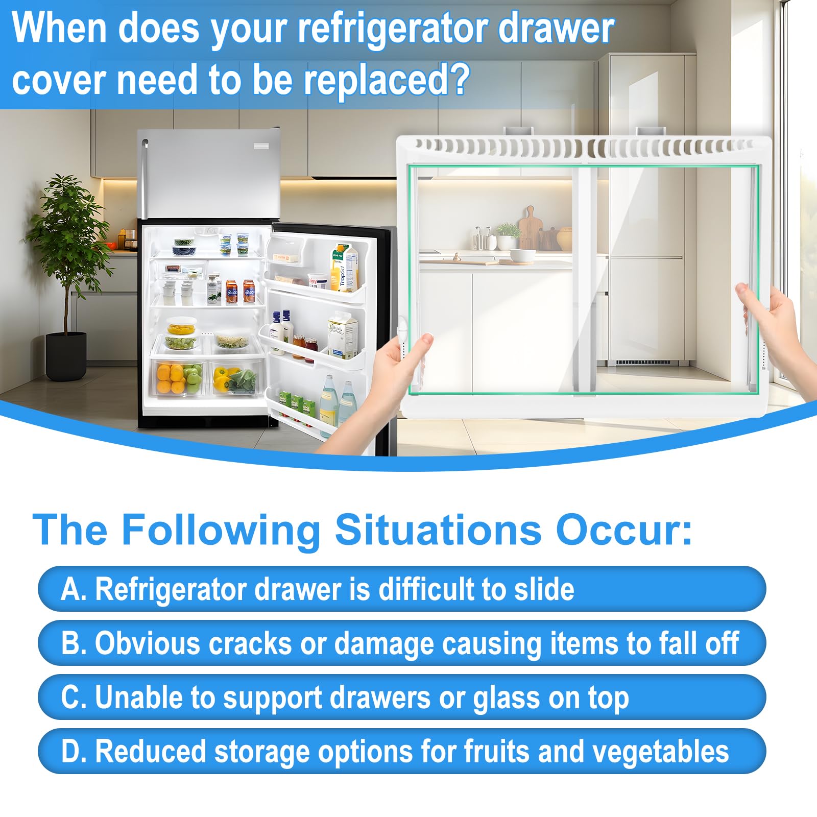 UPGRADED Refrigerator Crisper Drawer Cover with Glass Replacement - Compatible with Frigidaire & Kenmore Fridge Models (240364787 & 240350608) - Durable Fridge Crisper Pan Drawer Cover for Fresh Food Storage & Organization