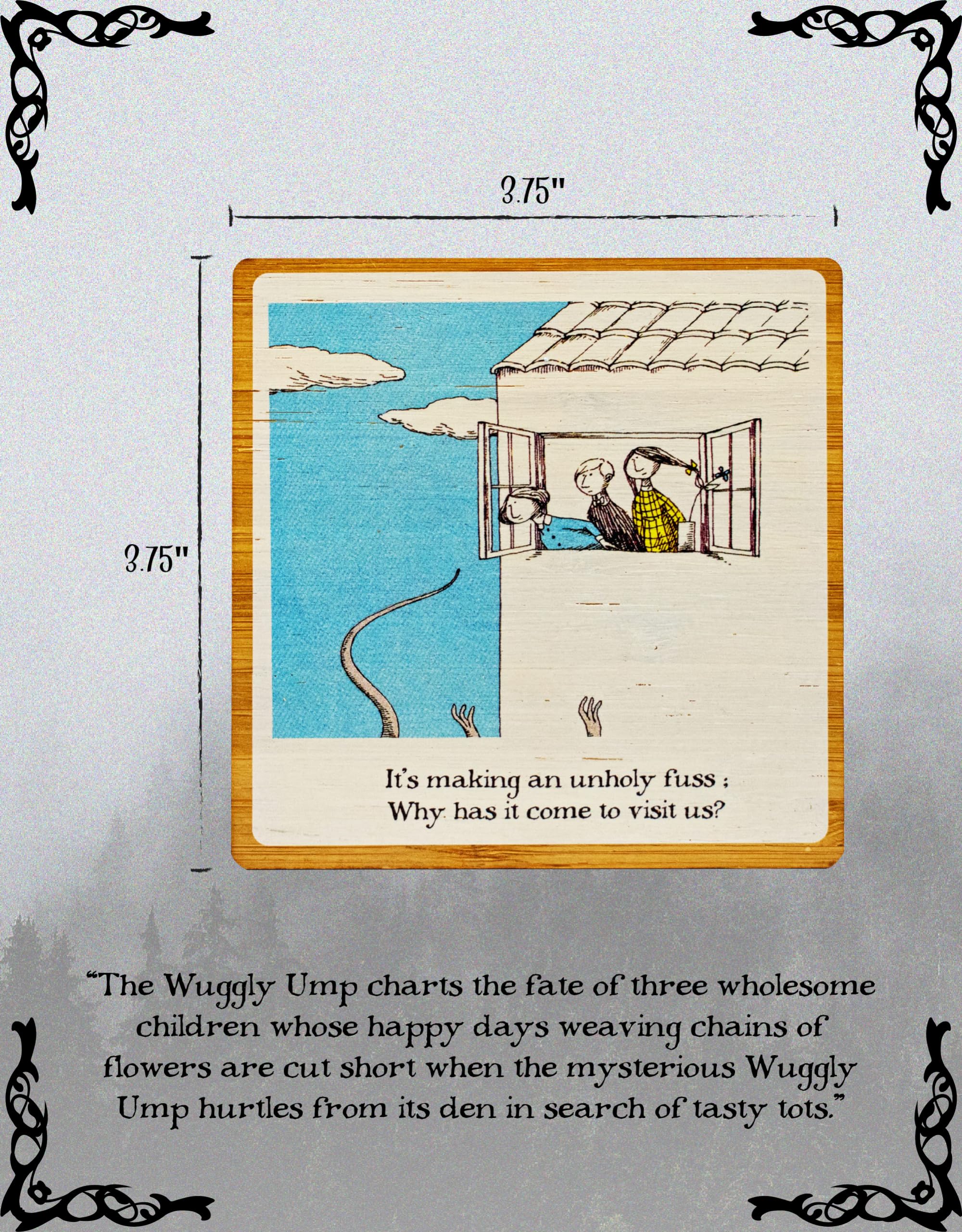 Edward Gorey™ Wuggly Ump Laser-Cut Bamboo Coaster Set - 5 Pack Square Drink Coasters for Coffee Tables, Home & Kitchen Decor - Perfect for Protecting Surfaces from Hot & Cold Beverages