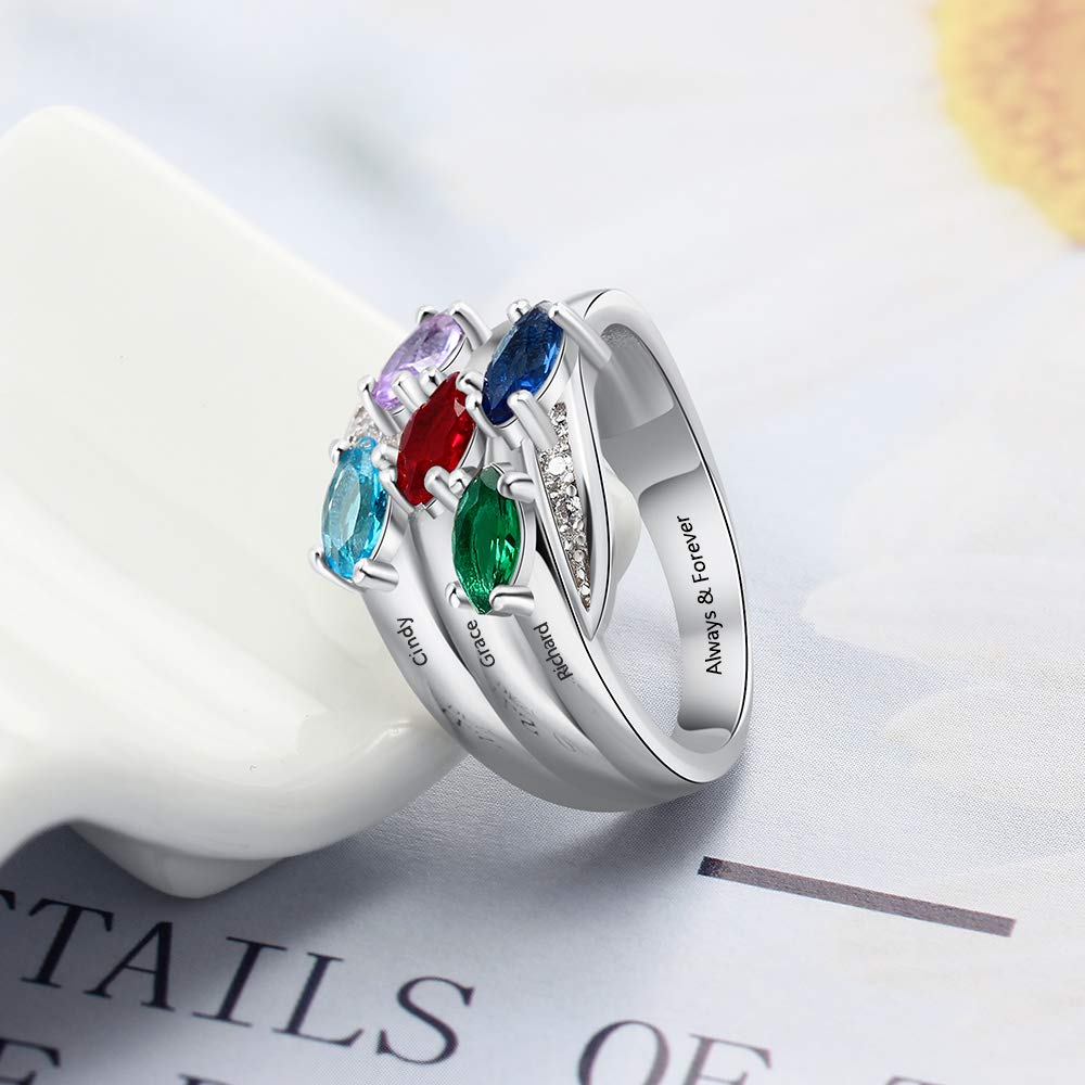 925 Sterling Silver Mother Daughter Rings - Personalized Name & 5 Birthstones Promise Rings for Women | Anniversary, Birthday, Valentine's Day Gift for Mom, Wife, Grandma | Engraved Family Jewelry for Special Occasions