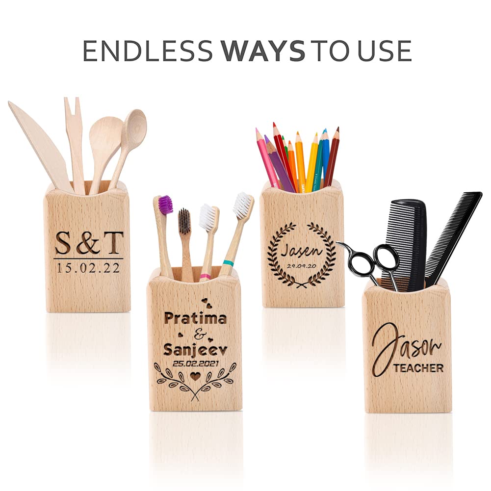 Wooden Pen Holder for Desk - Personalized Pencil Organizer for Home, Office & School