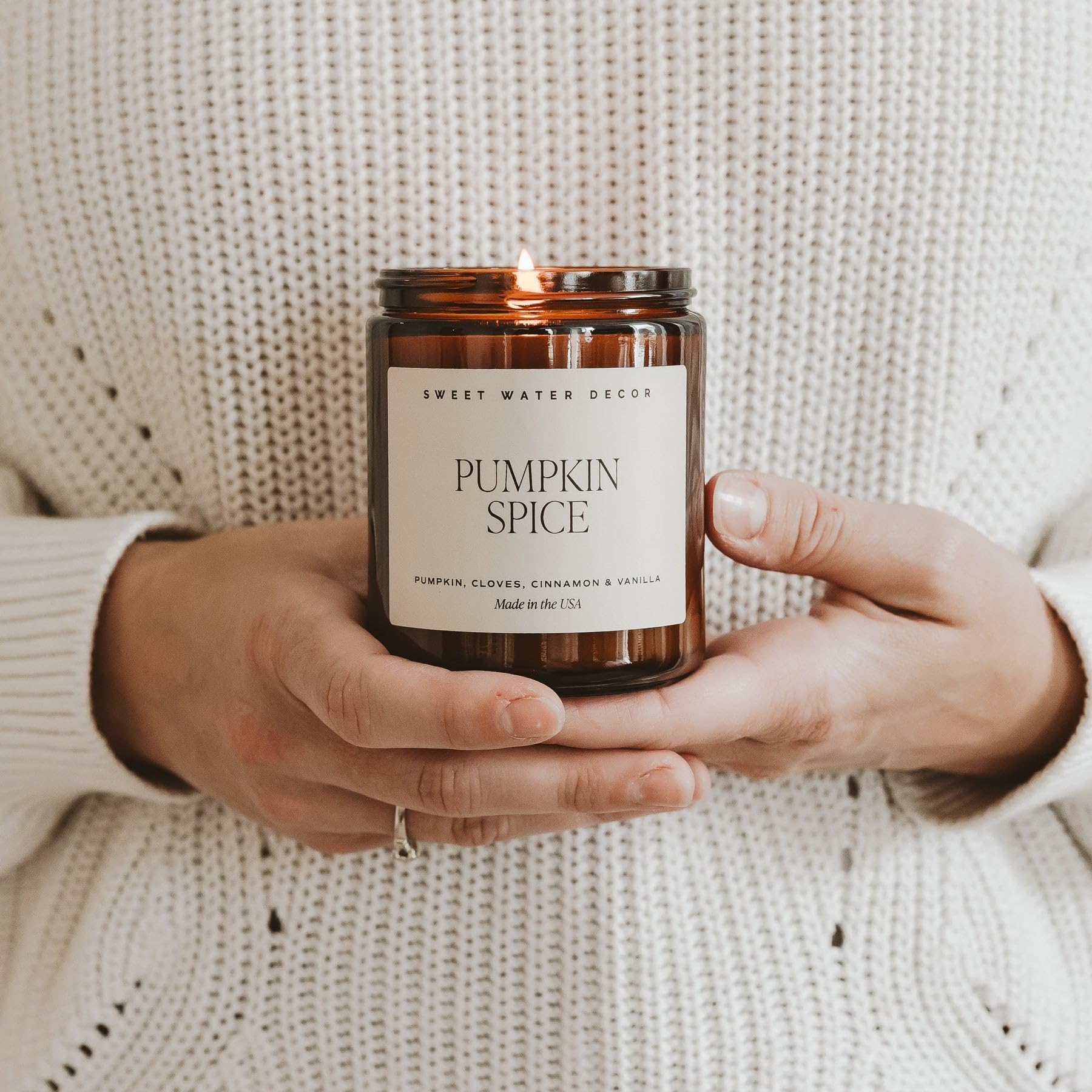 Sweet Water Decor Pumpkin Spice Scented Soy Candle - Fall Home Decor with Pumpkin, Clover, Cinnamon & Vanilla Aromas - 40 Hour Burn Time in 9Oz Amber Jar - Perfect for Cozy Autumn Evenings, Thanksgiving Decor & Holiday Gift Giving