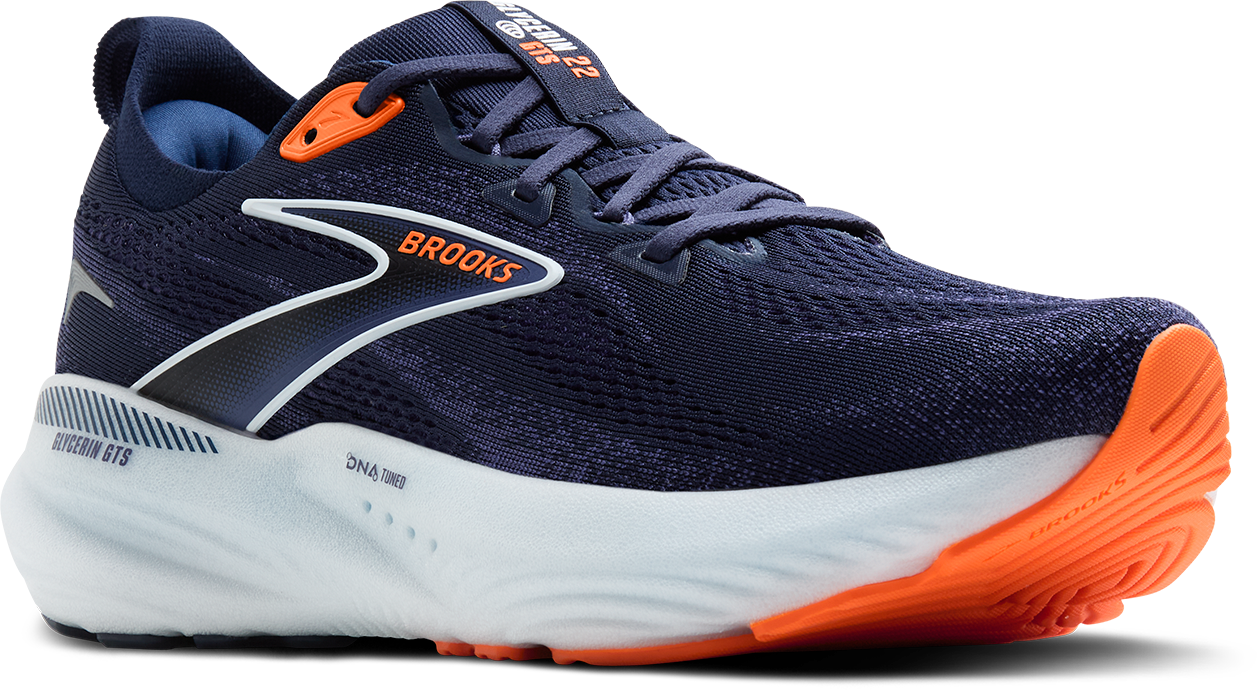 Brooks Men's Glycerin GTS 22 Running Shoes - Peacoat/Blue Ribbon/Orange - Premium Cushioned Support for Marathon Training & Daily Jogging