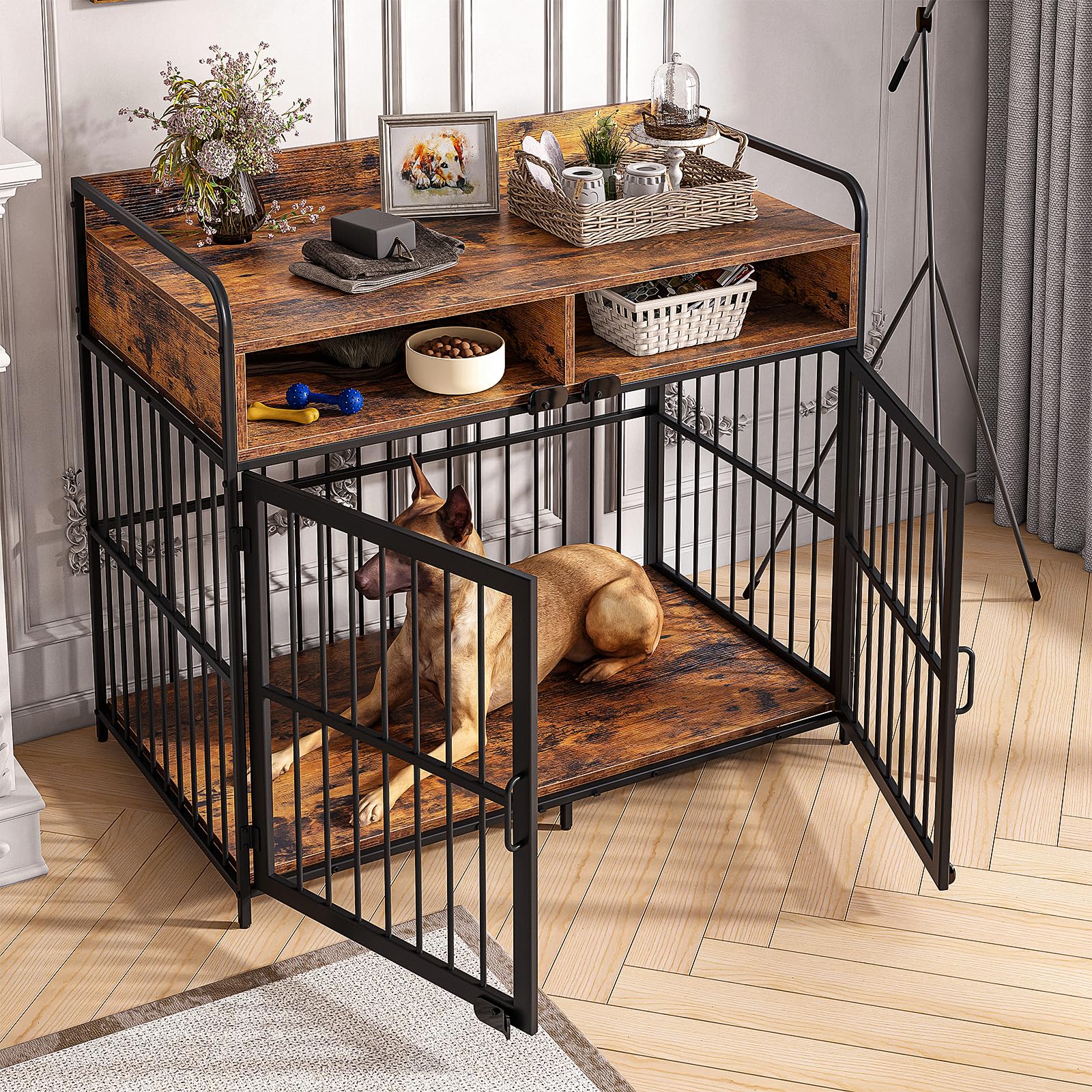 Large Heavy Duty Wooden Dog Crate with Storage Drawers - 40.5