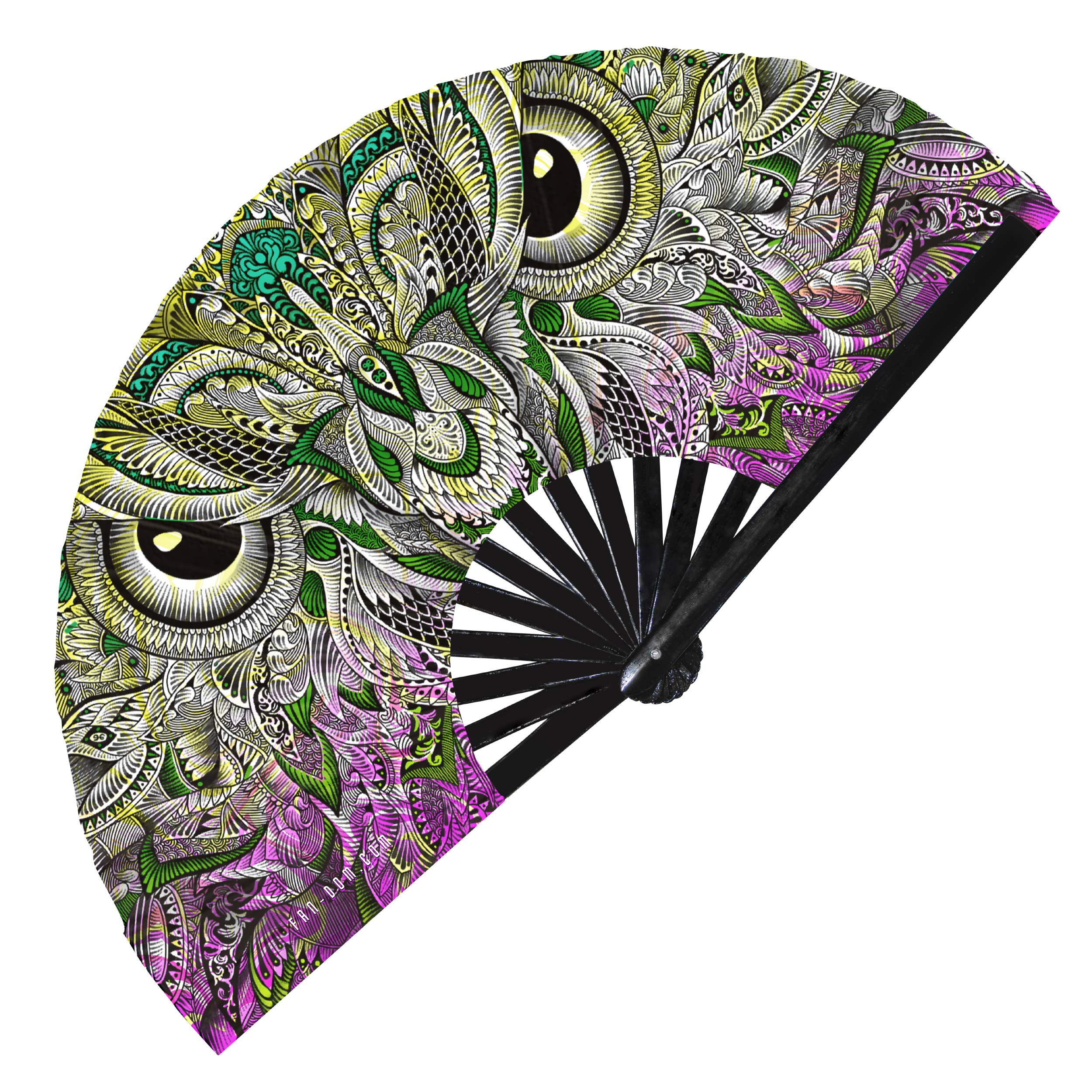 Hypnotiq Owl Hand Fan - UV Reflective Blacklight Rave Fan with Owl Art Design | Portable Folding Fan for EDM Festivals, Rave Parties, Concerts & Summer Cooling