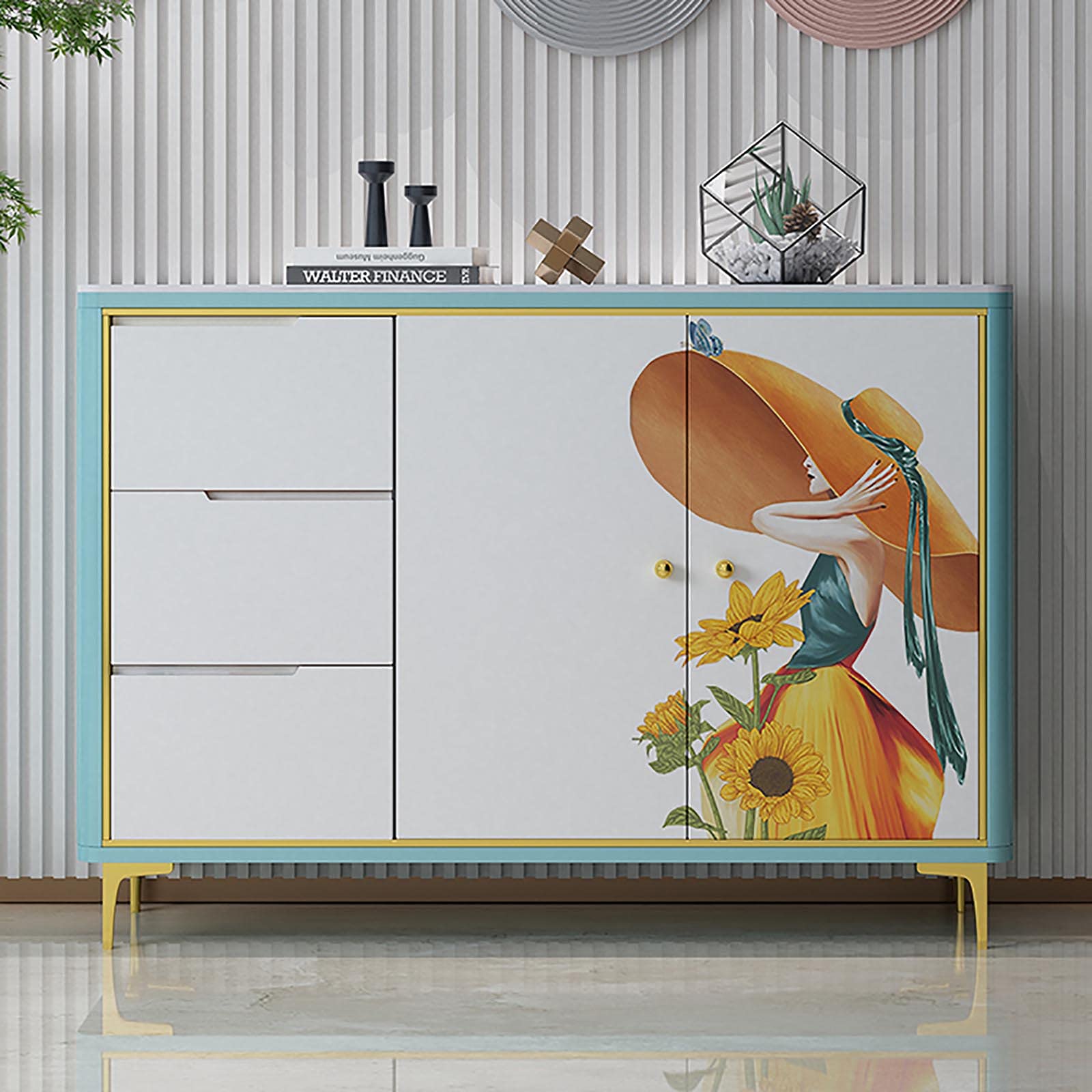 Modern Sideboard Console Cabinet - 120cm Buffet Credenza with Faux Marble Top, 2 Doors & 3 Drawers for Living Room, Kitchen, Dining Room | Stylish Storage Solution for Home Entryway & Hallway Organization
