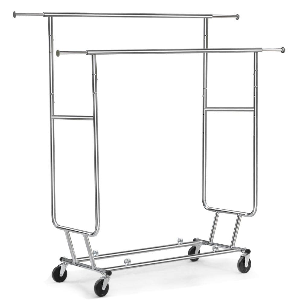 Yaheetech Heavy Duty Double Rail Rolling Clothes Rack - Adjustable & Collapsible Garment Rack on Wheels, 250lbs Capacity, Chrome Finish - Perfect for Commercial Use, Retail Stores, Home Closet Organization & Laundry Room Storage