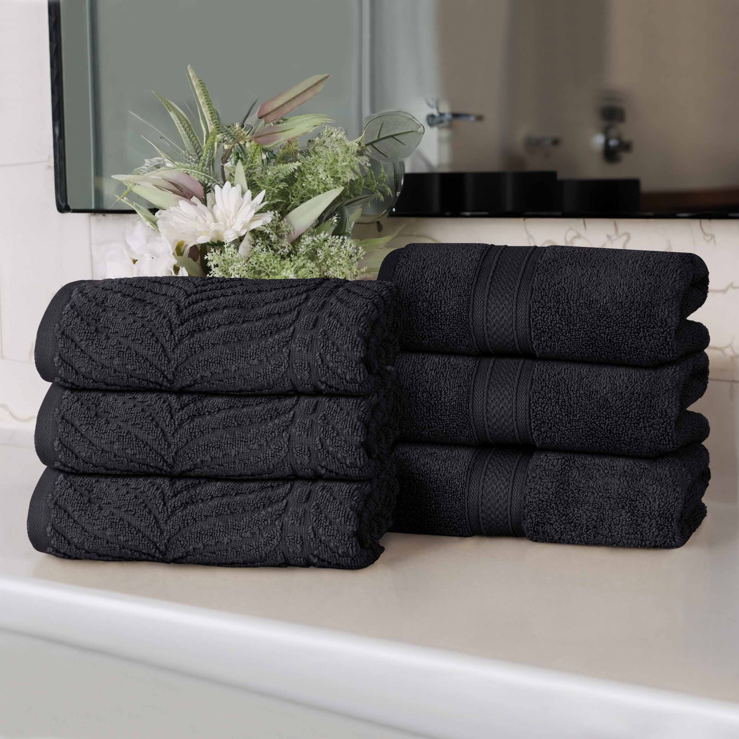 Premium 100% Zero Twist Cotton Hand Towels - Set of 6 | Soft & Absorbent Solid & Jacquard Chevron Design | Perfect for Bathroom, Kitchen & Guest Use