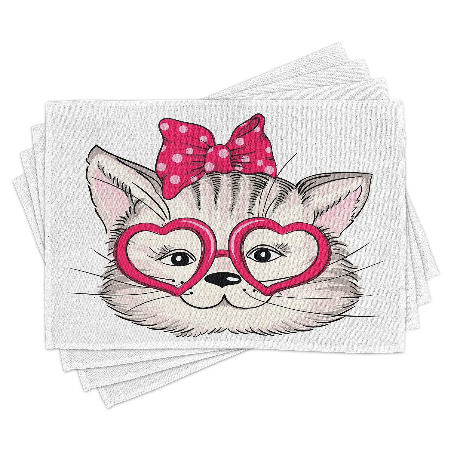 Ambesonne 4-Piece Kitty Placemats Set - Hipster Cat with Heart-Shaped Pink Glasses & Polka Dot Bow, Washable Fabric Table Mats for Dining Room & Kitchen Decor in Magenta, Beige & Black - Perfect for Cat Lovers' Dinner Parties & Themed Decorations