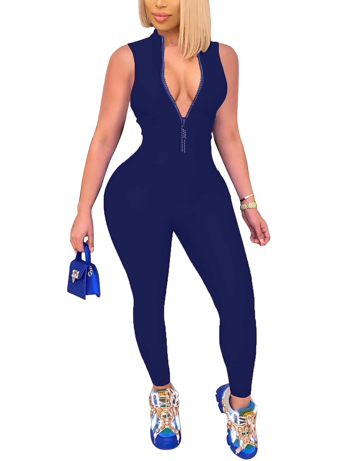 Women's Sexy Long Sleeve V-Neck Zipper Jumpsuit - Bodycon One Piece Romper Outfit for Casual Wear | Perfect for Club Nights, Date Nights & Party Outfits