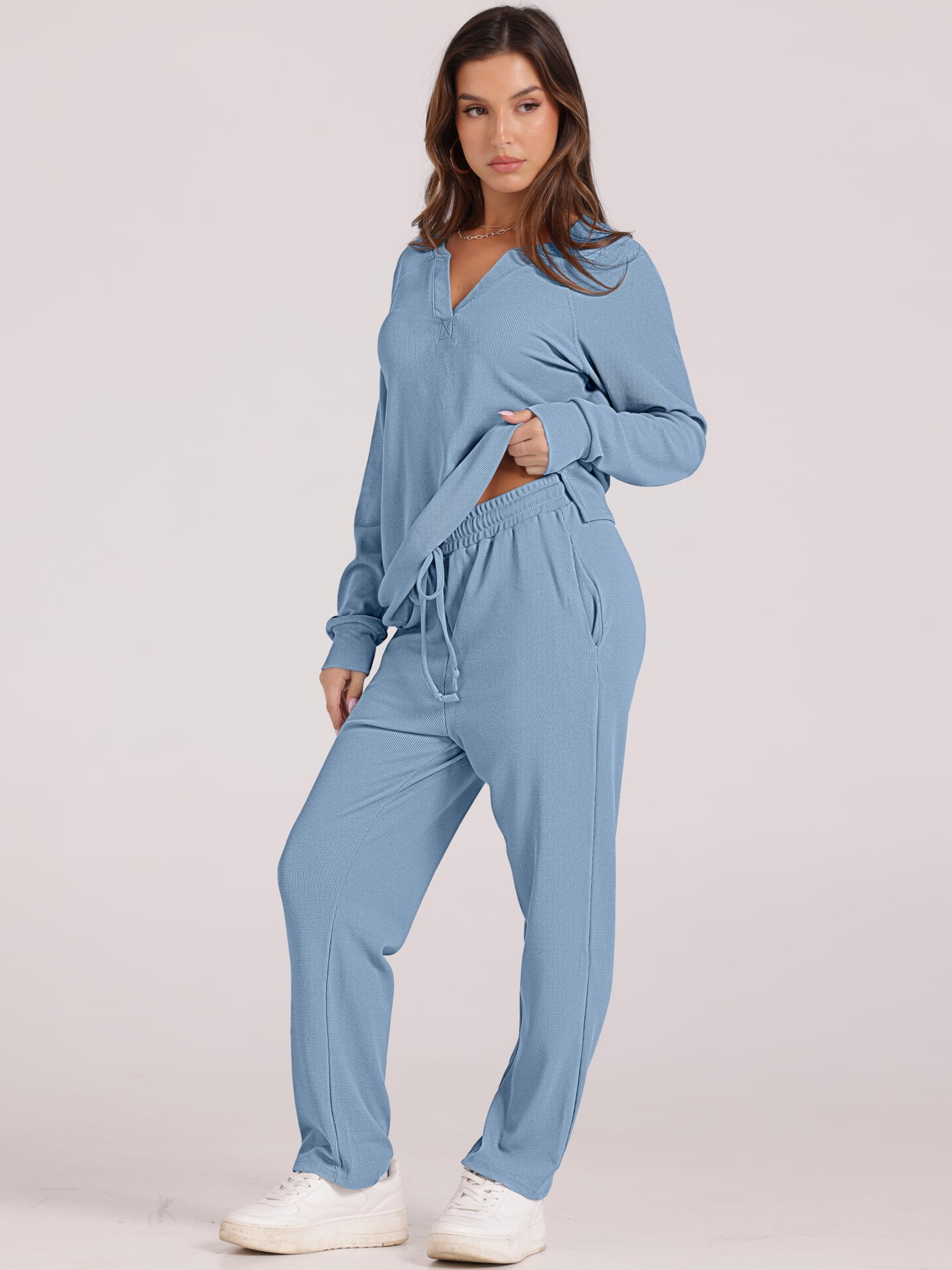 Women's Waffle Knit Pajama Set - Long Sleeve Sleepwear & Pants Soft Lounge PJS with Pockets | Cozy Winter Nightwear for Home Relaxation & Sleep