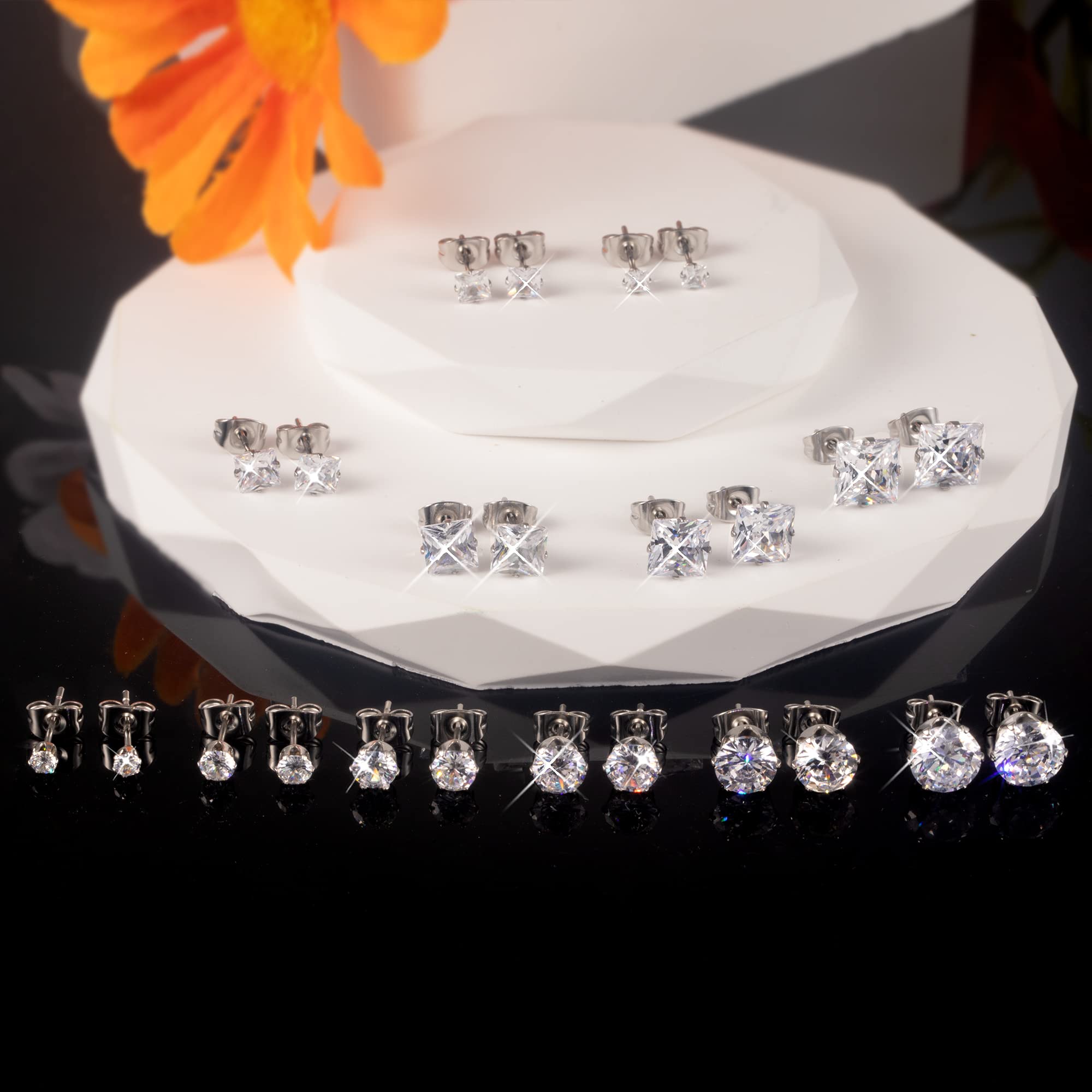 Hypoallergenic Stainless Steel Stud Earrings for Women & Men - Cubic Zirconia Silver Earrings Set Multipack | Perfect for Daily Wear, Gifts & Special Occasions