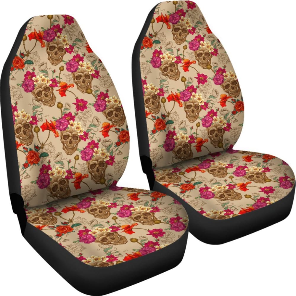 2 Pcs Sugar Skull Car Seat Covers - Premium Universal Fit for Cars, Trucks & SUVs - Halloween Dia de Los Muertos Decor - Protects Seats from Stains & Spills - Perfect for Road Trips, Daily Commute & Themed Parties