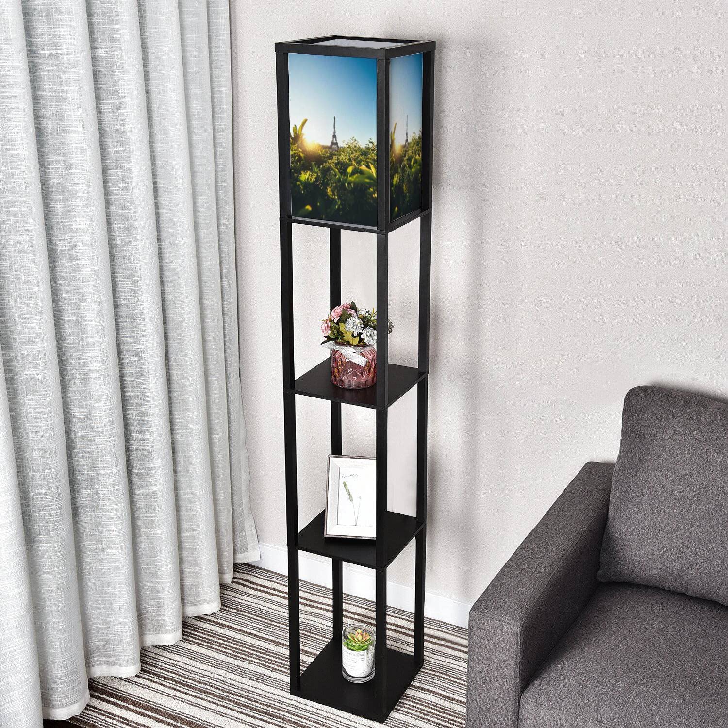 Eiffel Tower Sunrise Corner Floor Lamp with Shelves - 3 Color Temperature LED Standing Lamp with Linen Shade for Living Room, Bedroom & Office - Perfect for Reading, Relaxing & Home Decor
