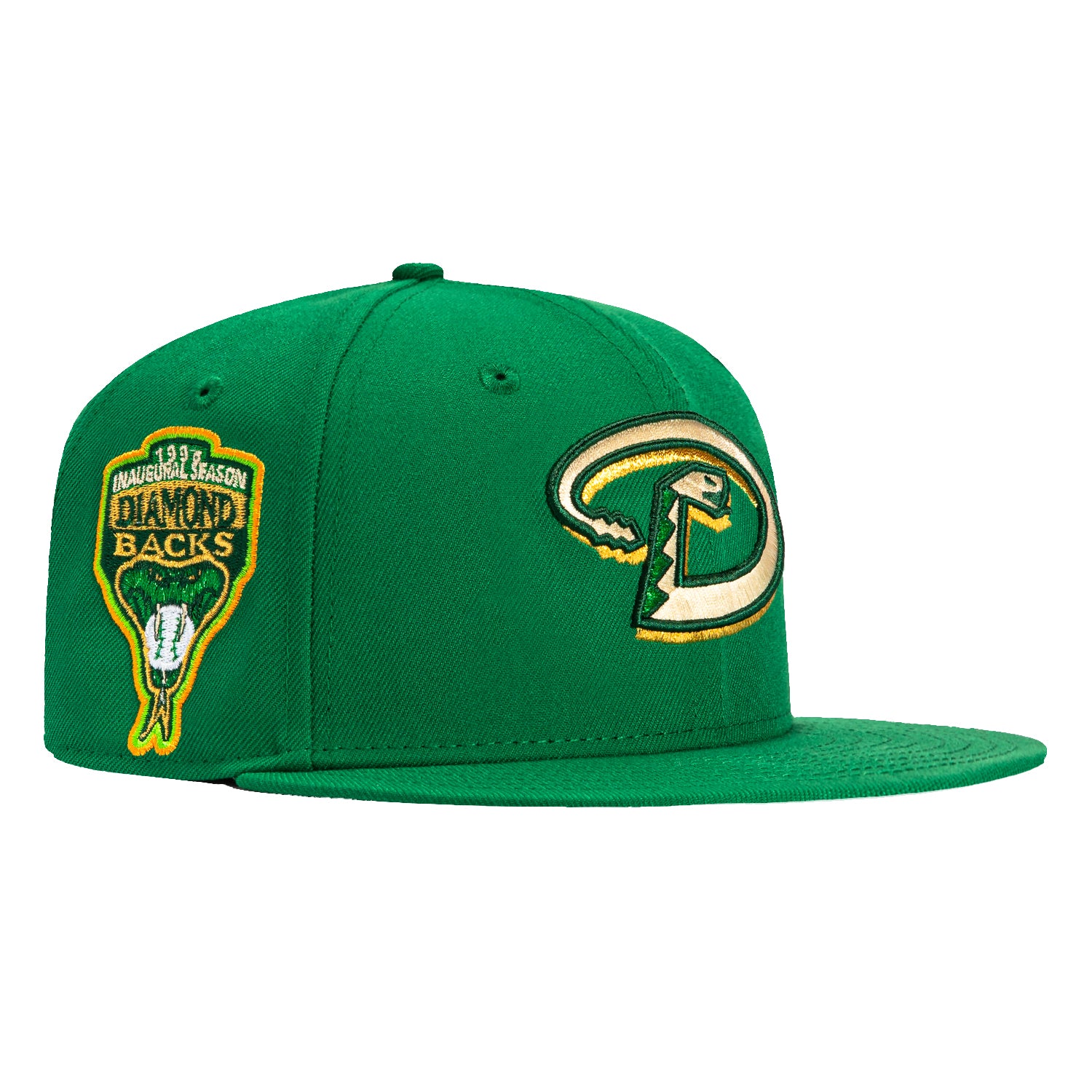 New Era 59Fifty Arizona Diamondbacks Inaugural Patch Snapback Hat - Kelly Green & Metallic Gold | MLB Baseball Cap for Fans & Collectors | Game Day, Casual Wear & Sports Fashion