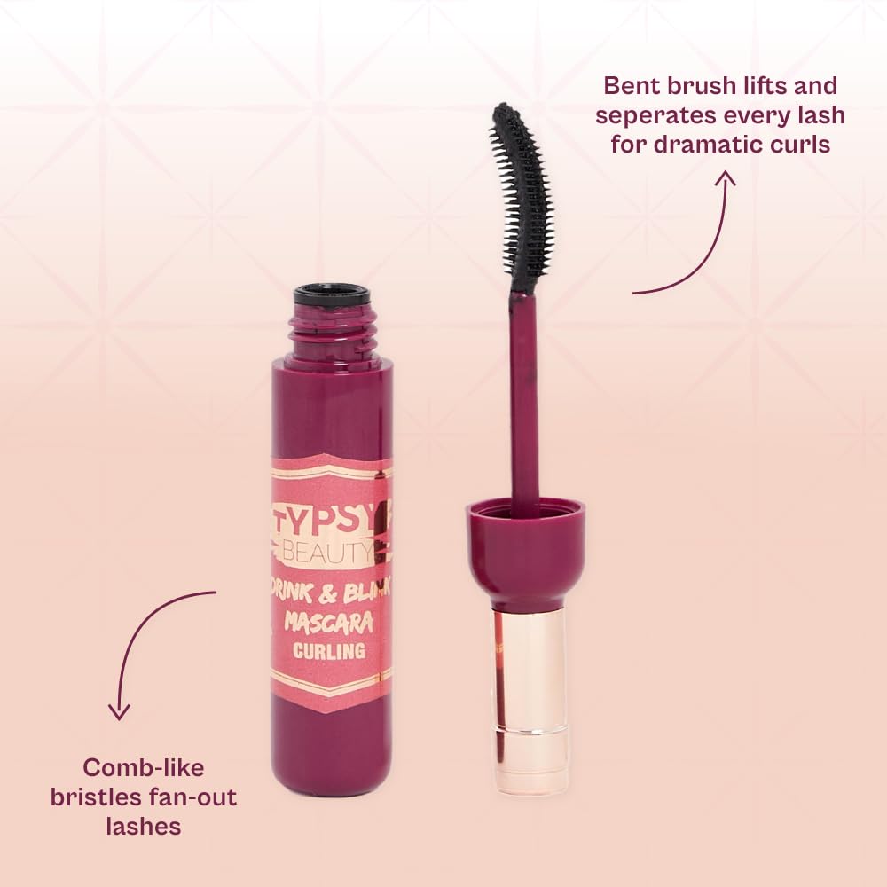 Typsy Beauty Drink & Blink Curling Mascara - Intense Black, Extreme Curling with Flexible Silicone Wand for Clump-Free Volume & False Lash Effect | Longwear, Paraben & SLS Free (9g) | Perfect for Day to Night Makeup, Parties & Special Occasions