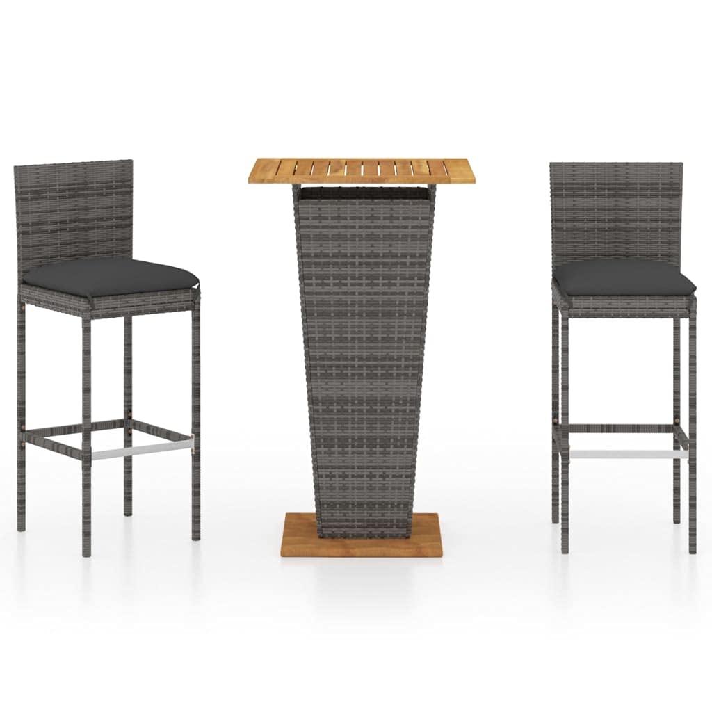 vidaXL 3-Piece Patio Bar Set with Cushions - Gray Poly Rattan Outdoor Bistro Furniture for Garden, Balcony, Backyard & Terrace - Perfect for Dining, Lounging & Entertaining Guests
