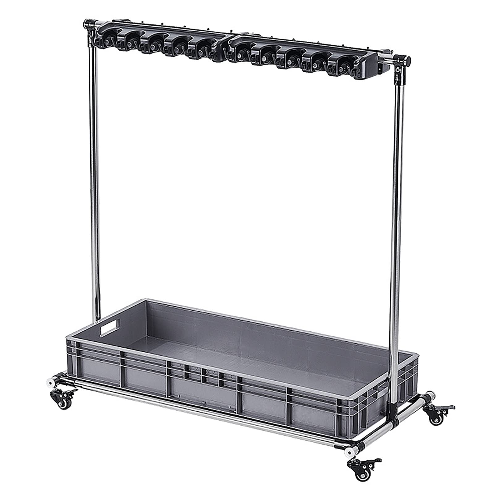 Adjustable Height Stainless Steel Floor-Standing Broom and Mop Rack - 16-Slot Durable Storage Cart for Garages, Hotels, Schools & Restaurants - Mobile Cleaning Tool Organizer for Easy Home and Commercial Use