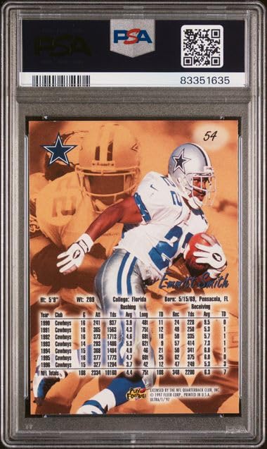 1997 Fleer Ultra Emmitt Smith #54 Football Card - PSA 10 Gem Mint - Perfect for NFL Collectors & Dallas Cowboys Fans - Display in Home Office or Man Cave