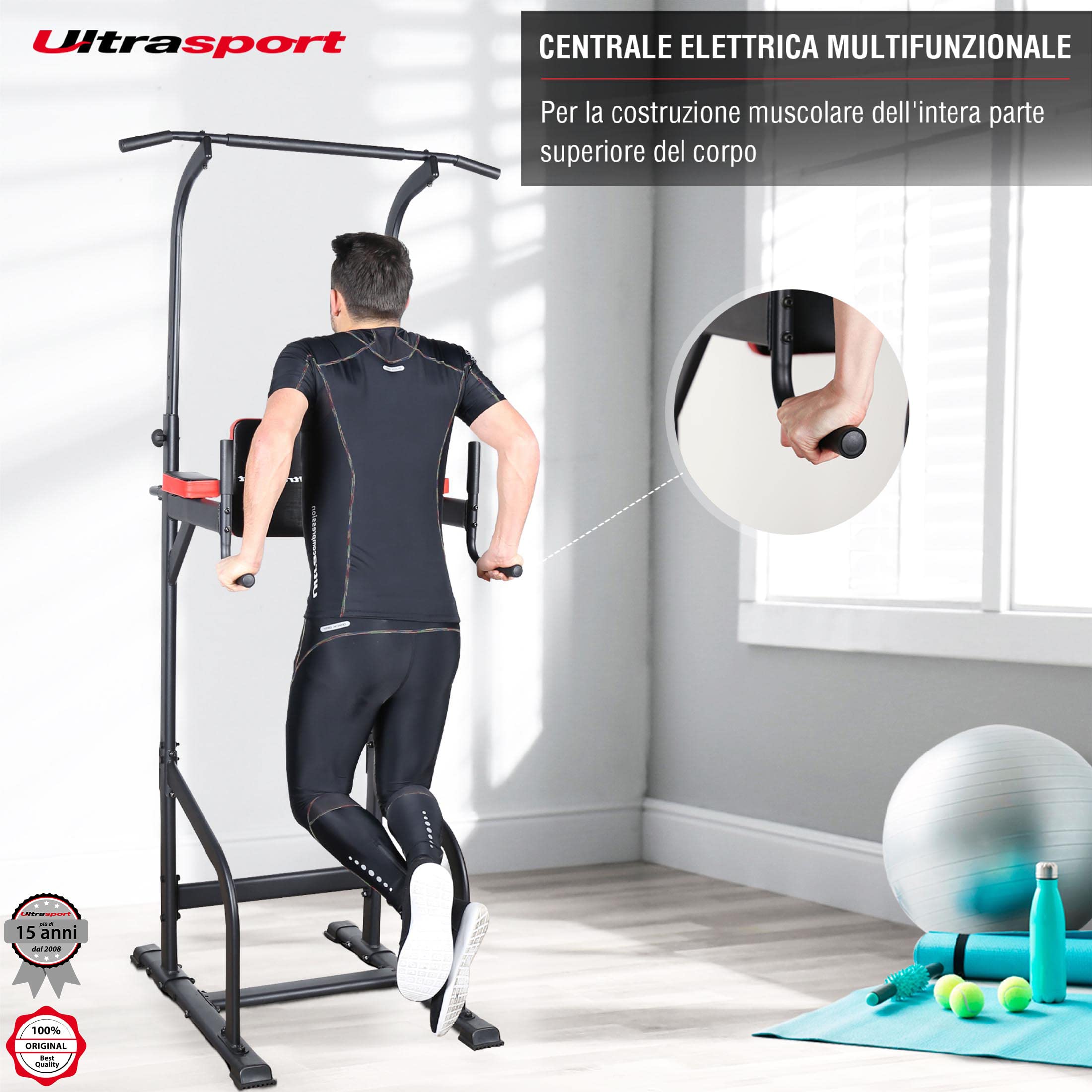 UltraSport Adjustable Power Tower for Pull-Ups & Dips - Heavy Duty Home Gym Equipment (150kg Weight Capacity) - Perfect for Strength Training & Bodyweight Exercises at Home