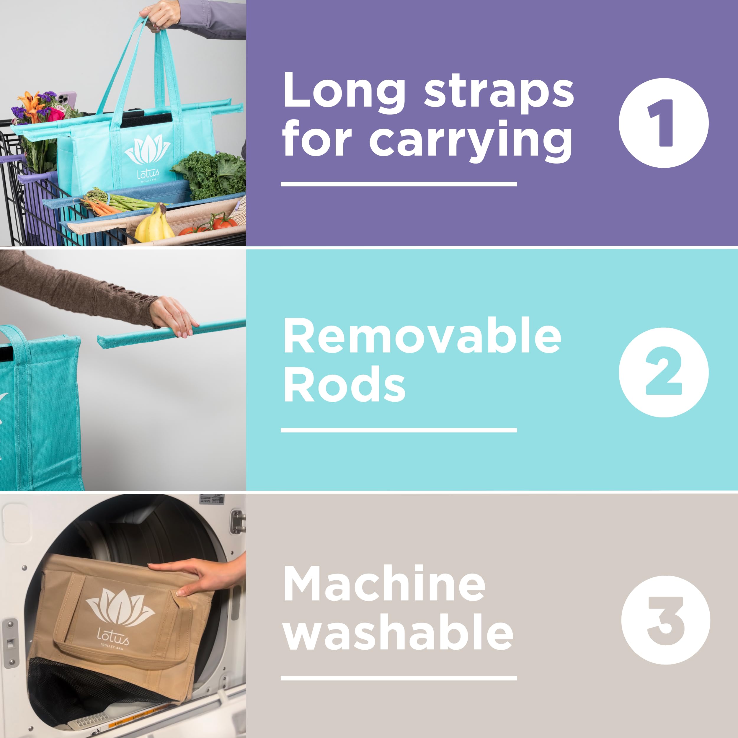 Lotus Reusable Shopping Cart Bags Set of 4 - Insulated Grocery Tote with Cooler Pockets & Egg/Wine Holder - Foldable Washable Grocery Organizer for Supermarket, Farmers Market & Bulk Shopping - Perfect for Grocery Hauling, Food Storage & Picnic Trips