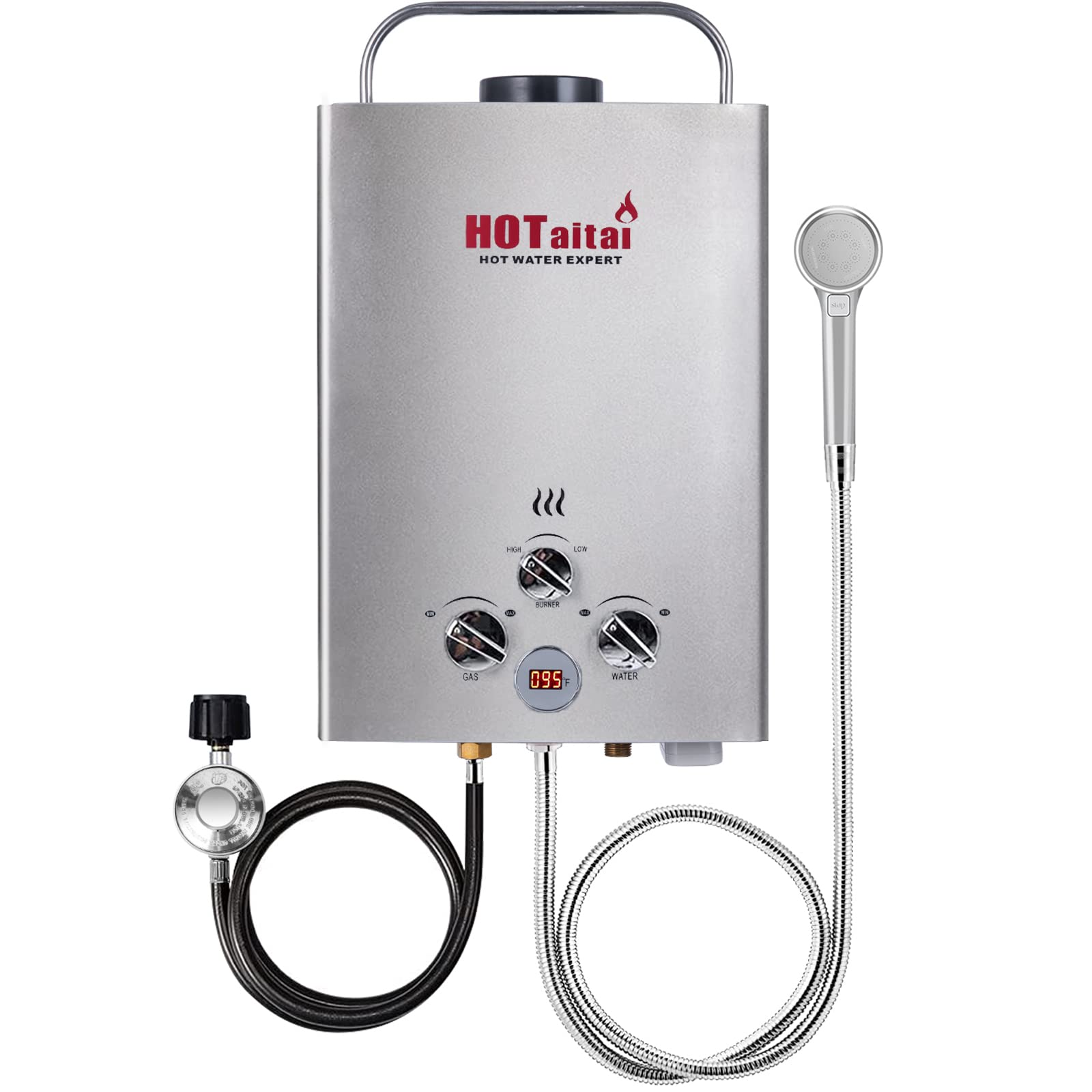 HOTaitai 6L Portable Propane Tankless Water Heater - 1.58GPM Flow Rate, Digital Display, Overheating Protection - Ideal for RV Camping, Outdoor Showers & Off-Grid Living (Silver)