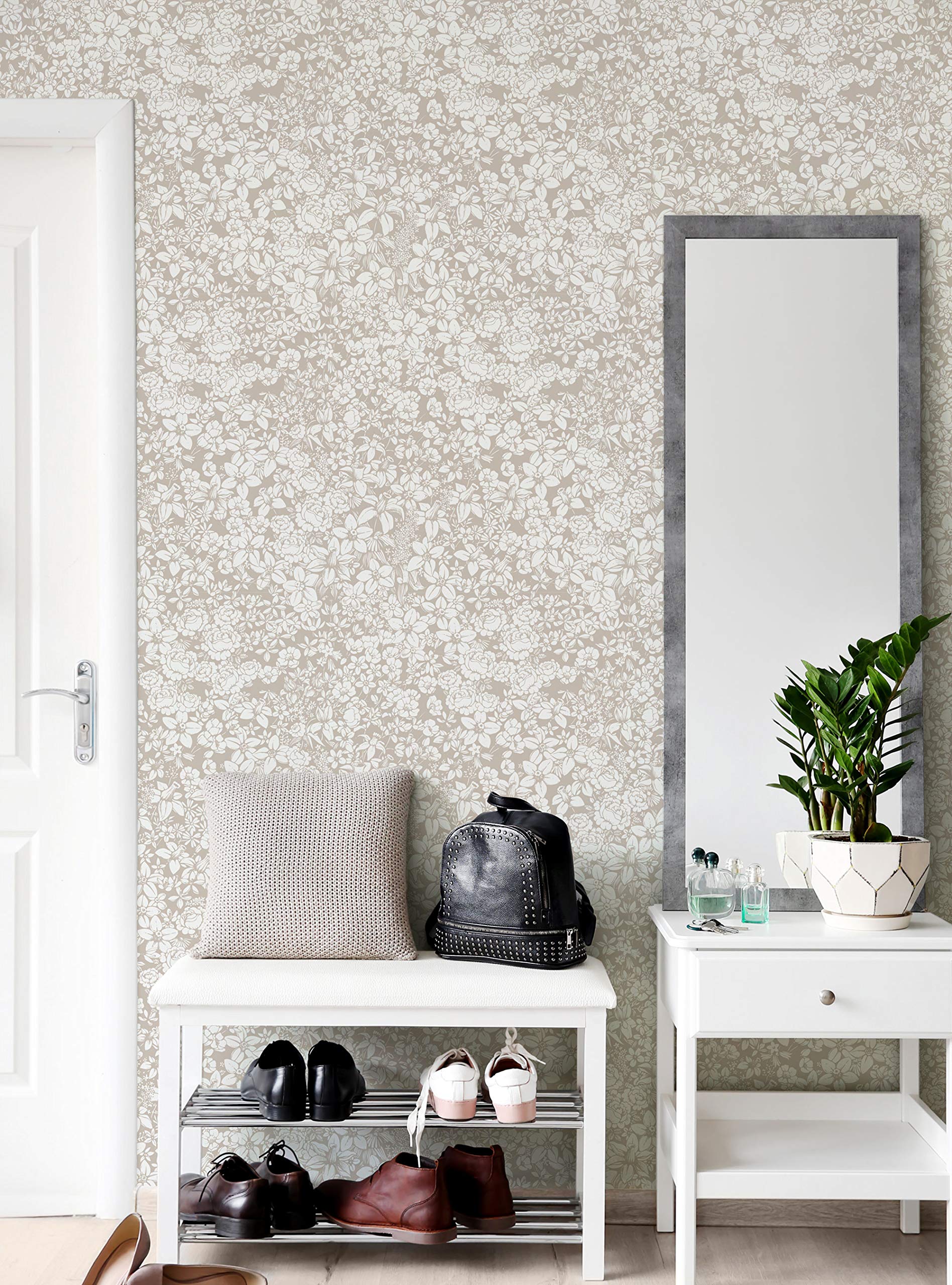 Simple Shapes Flower Land Peel and Stick Wallpaper - Self-Adhesive Removable Wallpaper (2ft x 9ft Single Sheet, Beige) for Bedroom, Nursery, Living Room Decor