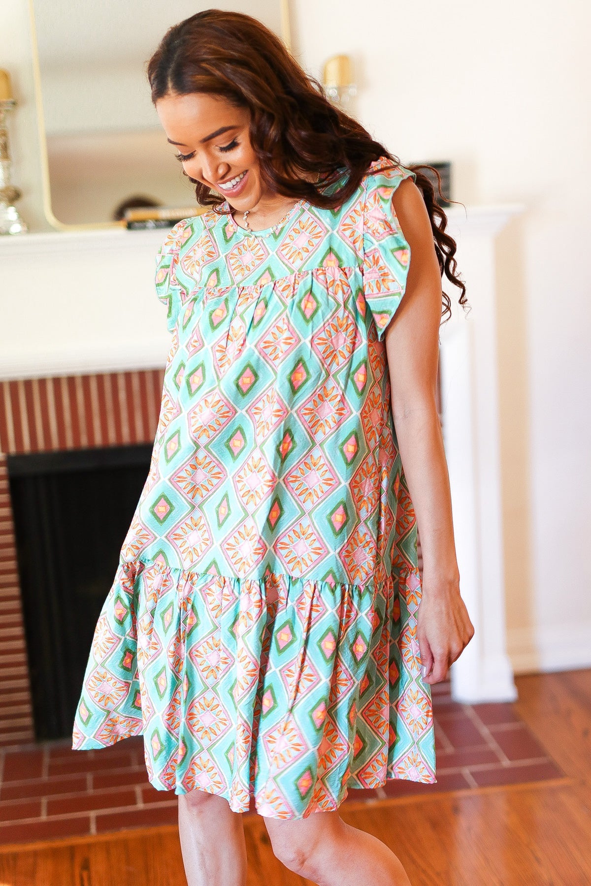 Boho Print Yoke Poplin Woven Dress - Floral Geometric Summer Dress for Women | Perfect for Beach Vacations, Music Festivals & Casual Outings