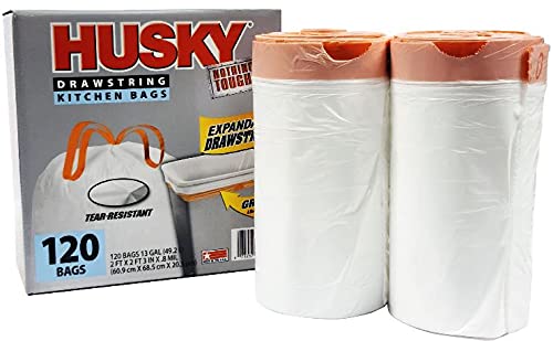 Husky Tall Kitchen Trash Bags 13 Gallon - 120 Count Expandable Drawstring Garbage Bags (1 Pack) for Home, Office & Outdoor Use