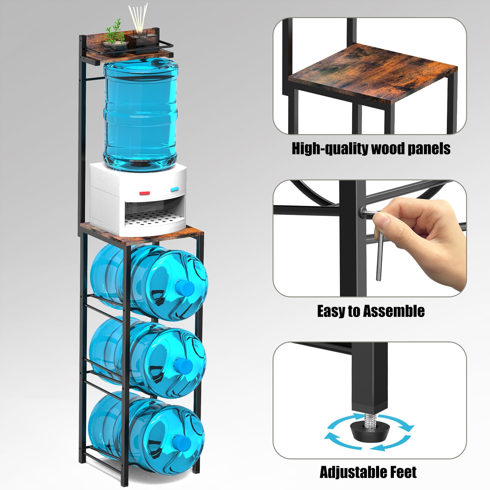 **5 Gallon Water Cooler Jug Rack - 3-Tier Removable Water Bottle Holder with Storage Shelves for Kitchen, Office & Living Room - Organizer for Coffee Machine & More (Upgraded)**    **Usage Scenarios:** Keep your kitchen, office, or living room organized with this versatile 3-tier water bottle rack—perfect for holding 5-gallon jugs, coffee machines, and other essentials while saving space.