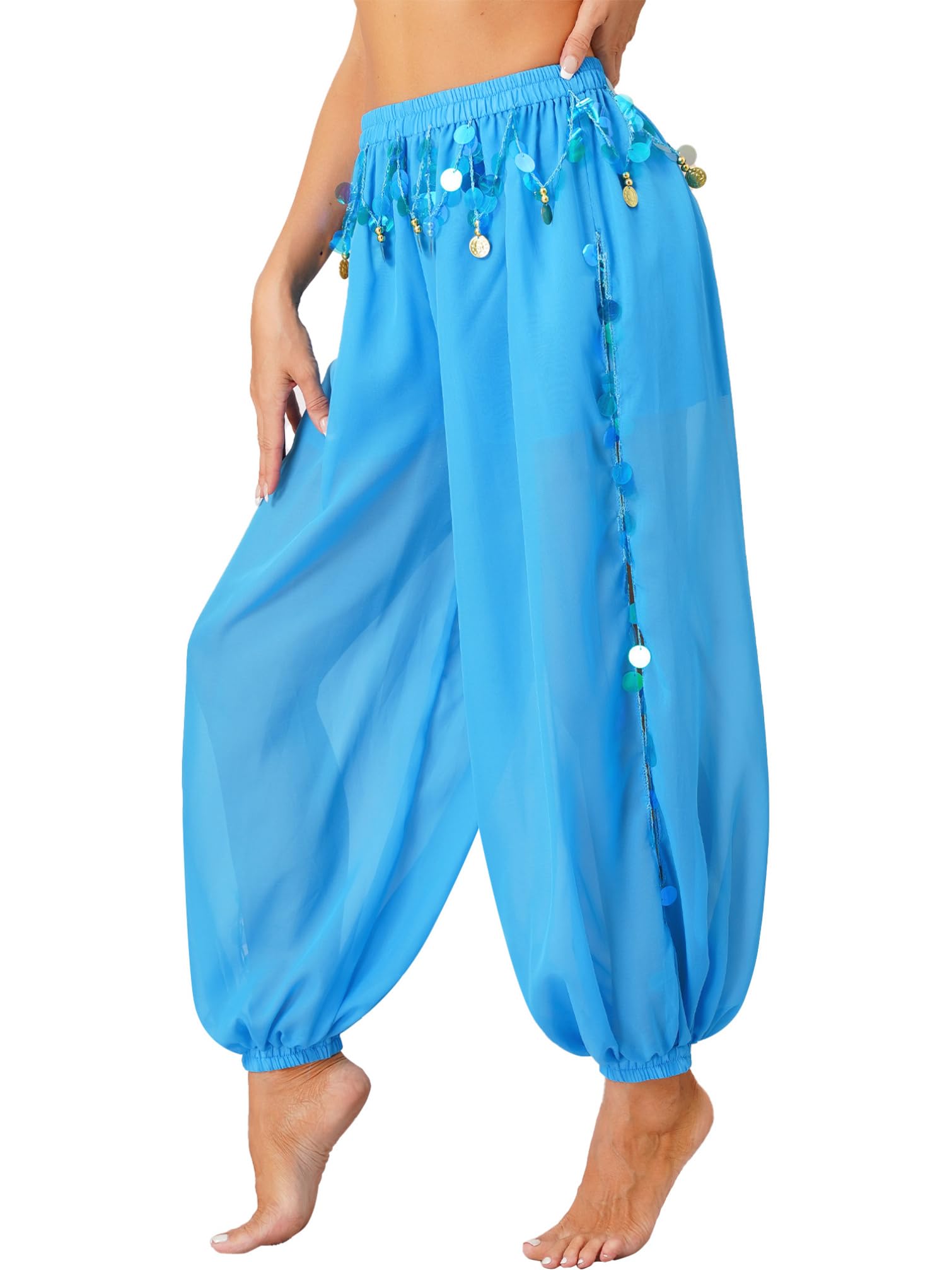 Linjinx Women's Sequins Belly Dance Costume - Indian Arabian Stage Performance Outfit with Coins Harem Pants for Professional Dance & Cultural Events