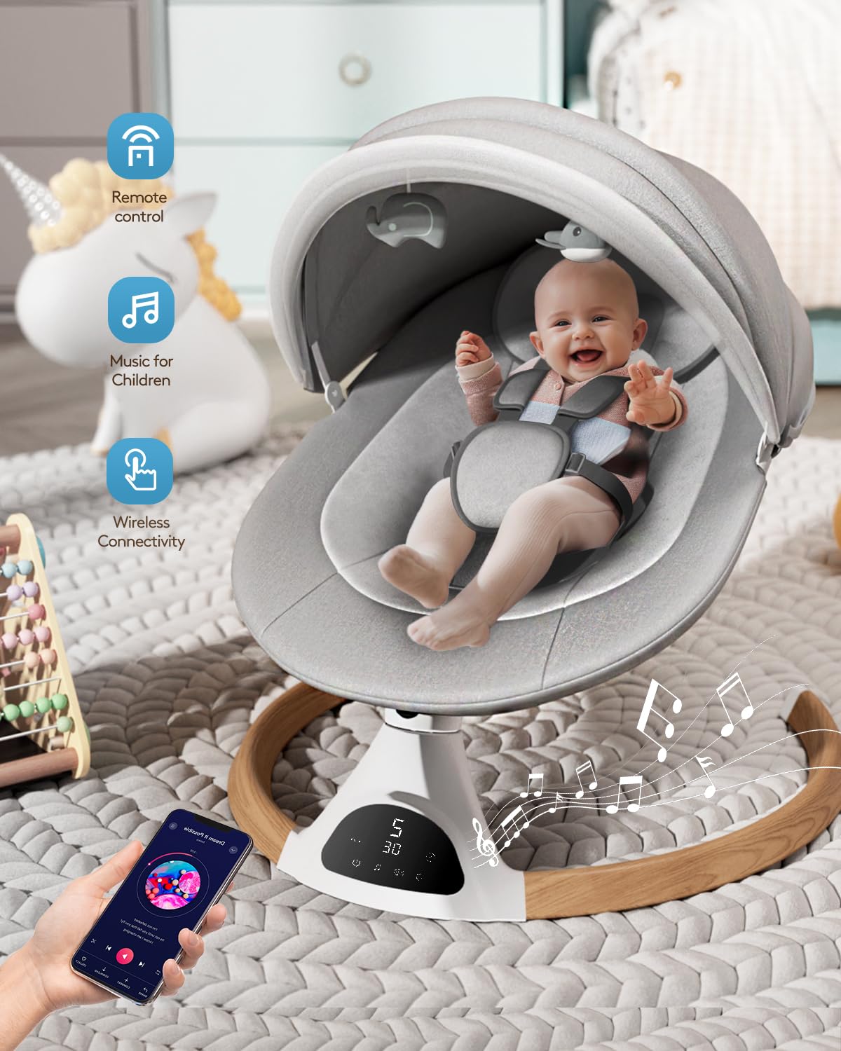 FasonBaby Bluetooth Baby Swing with 5 Speed Settings, 10 Soothing Lullabies & Remote Control - Portable Infant Swing for Newborns to Toddlers - Perfect for Nursery, Travel, and Outdoor Use