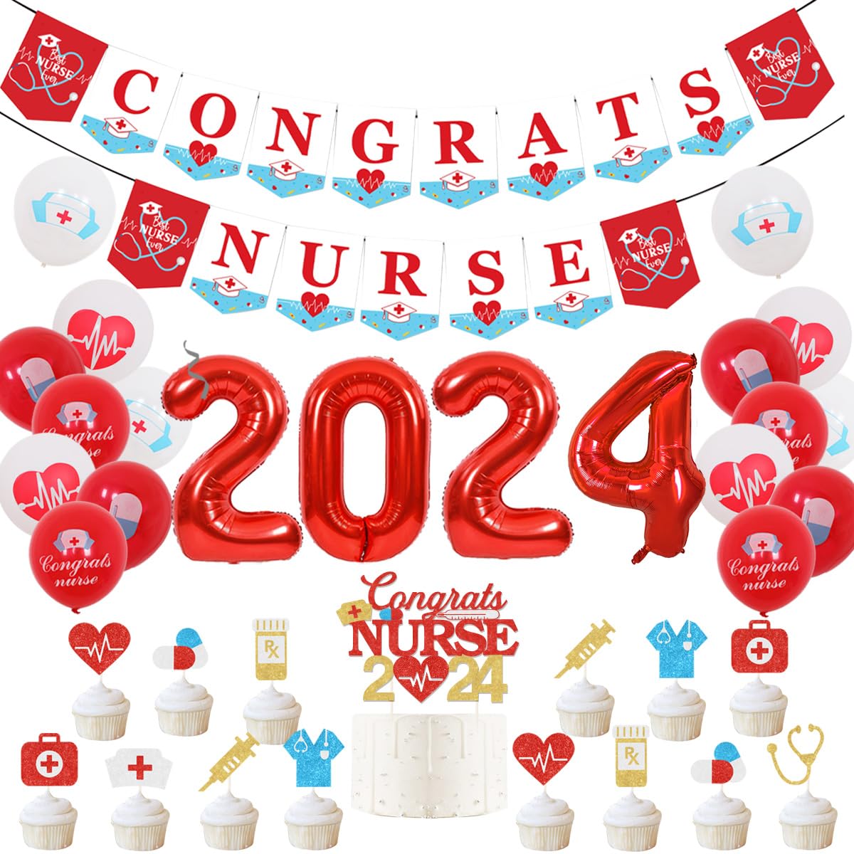 2024 Nurse Graduation Party Decorations Set - Congratulations Banner, Cake Topper, Cupcake Toppers & Balloons for Nursing Medical School RN Graduation - Perfect for Nursing School Graduation Ceremony, Party Decor & Photo Backdrop