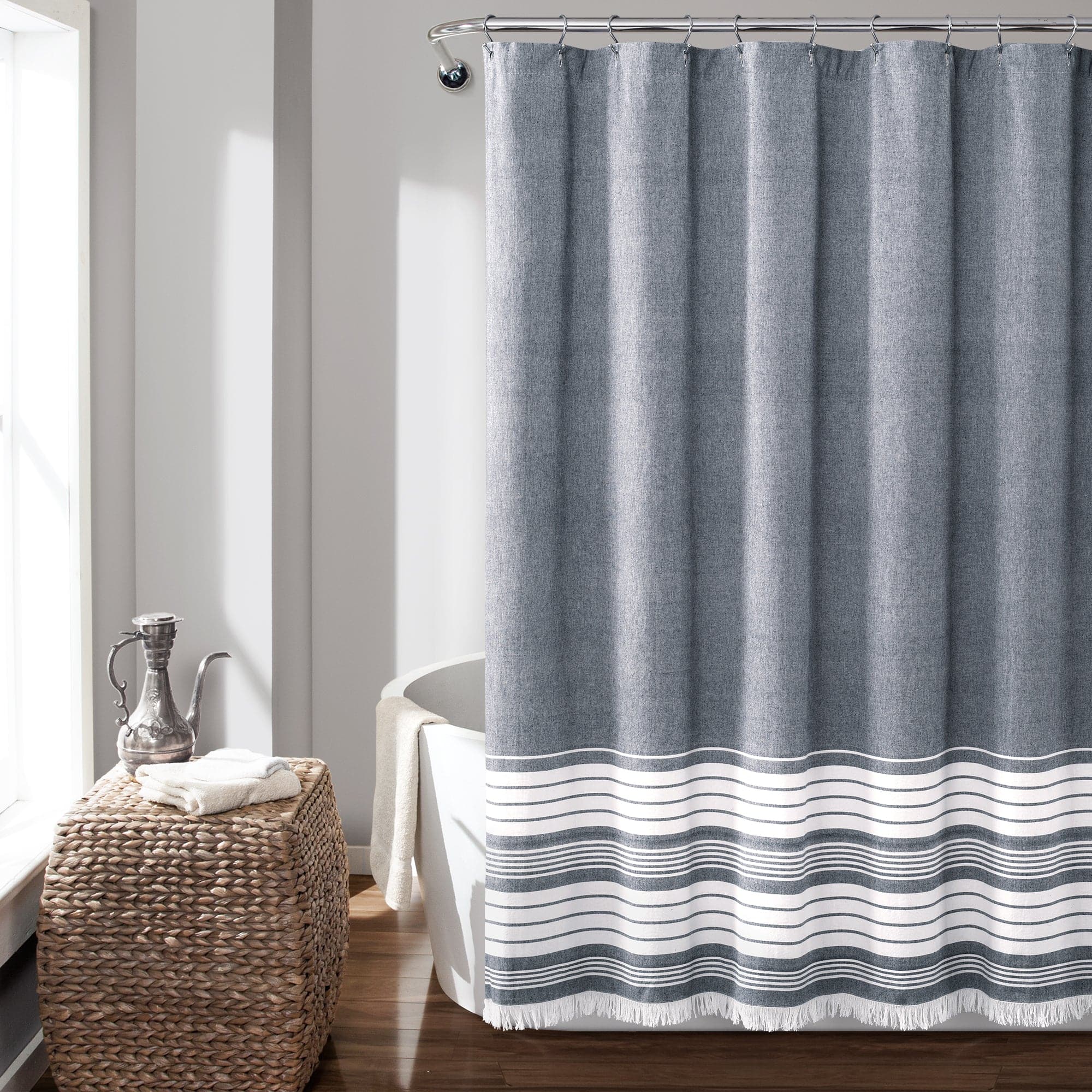 Nantucket Yarn Dyed Tassel Fringe Shower Curtain - Coastal Bathroom Decor for Beach House, Farmhouse & Boho Style