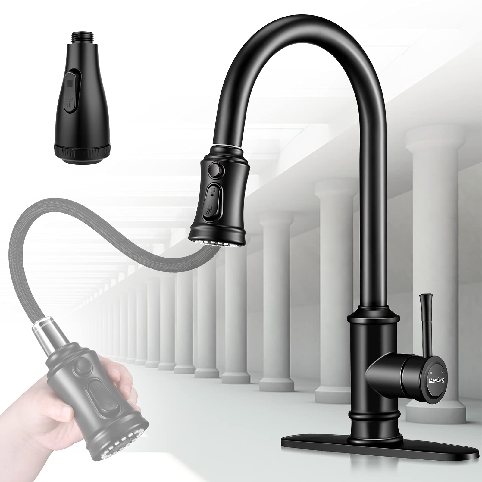 WaterSong Matte Black Pull Down Sprayer Kitchen Faucet - 2 Sprayer Heads, Single Handle & Deck Plate, 3+4 Mode Sprayer Head Replacement - Perfect for Modern Kitchens & Easy Sink Cleaning