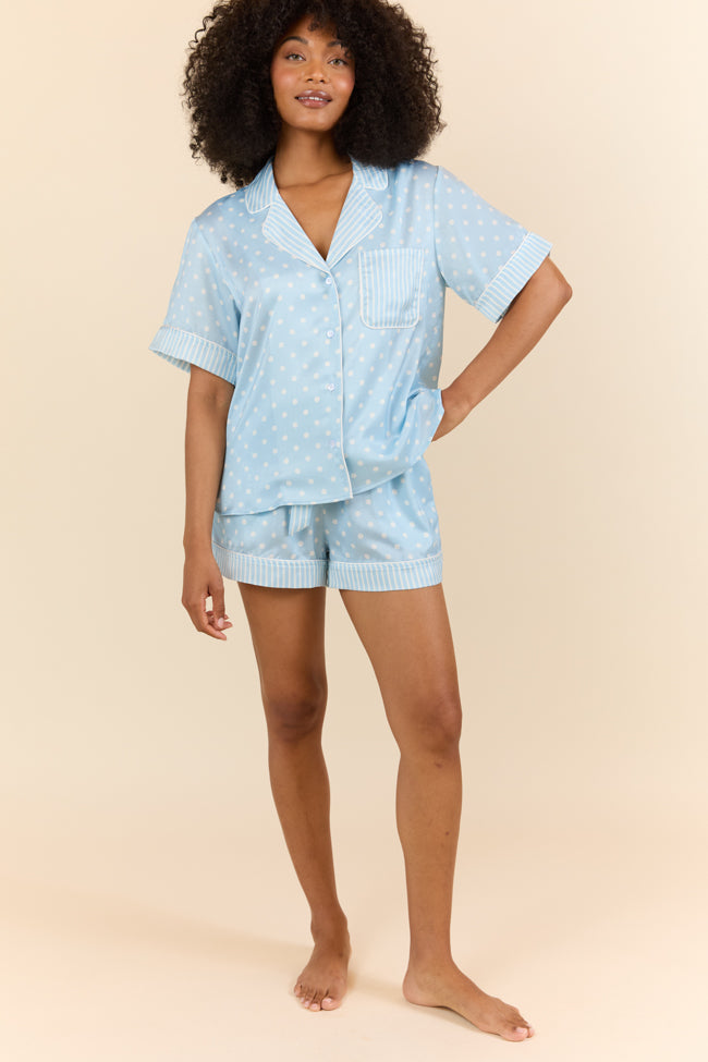 Blue Polka Dot Satin Pajama Shorts for Women - Comfortable Sleepwear & Lounge Shorts - Perfect for Summer Nights, Vacations and Relaxing at Home