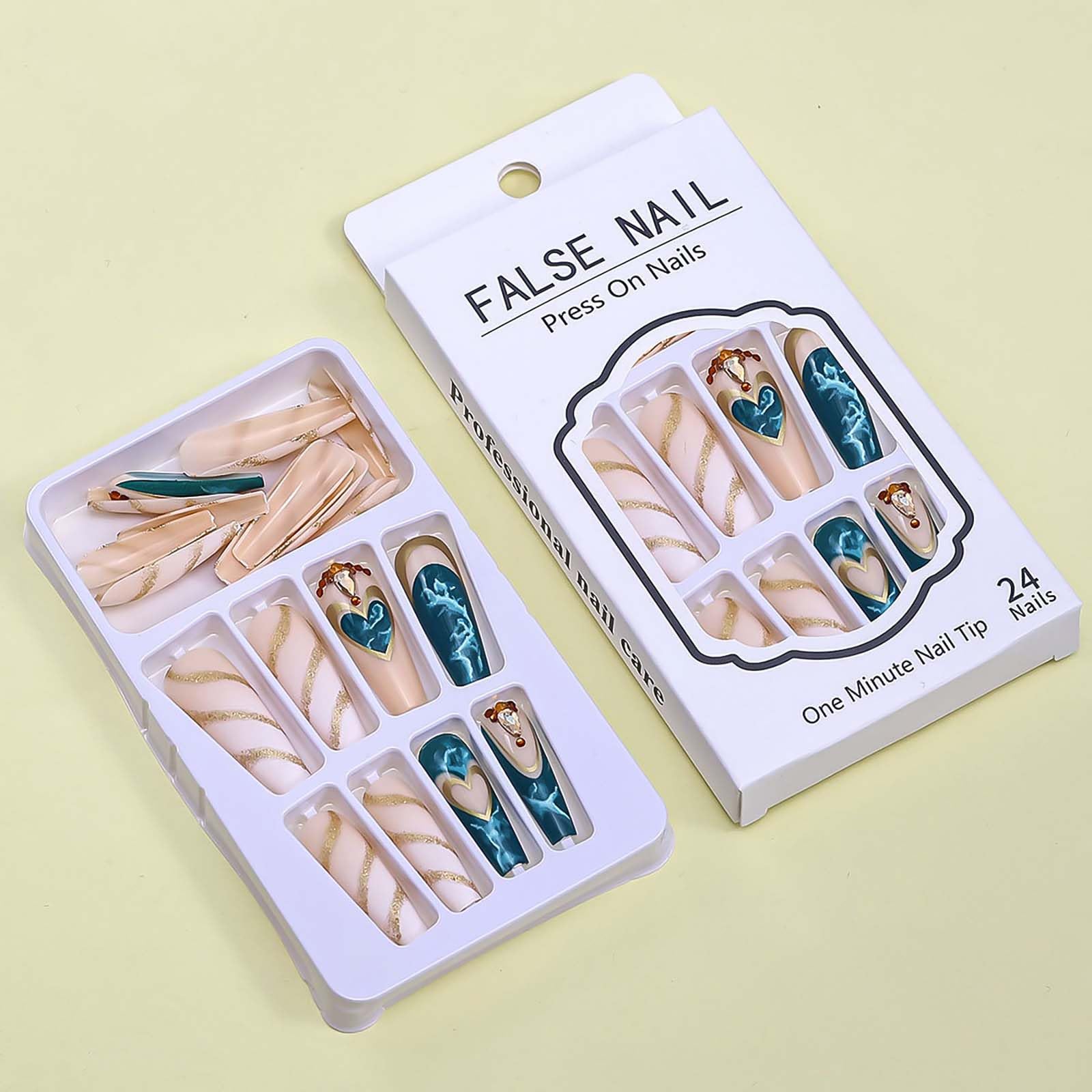 XL Green Press On Nails Extra Long Coffin Fake Nails - 24pcs Full Cover Acrylic Gel Nails with Golden Love Texture Design & Nail Glue - Perfect for Women's Parties, Weddings, and Special Occasions