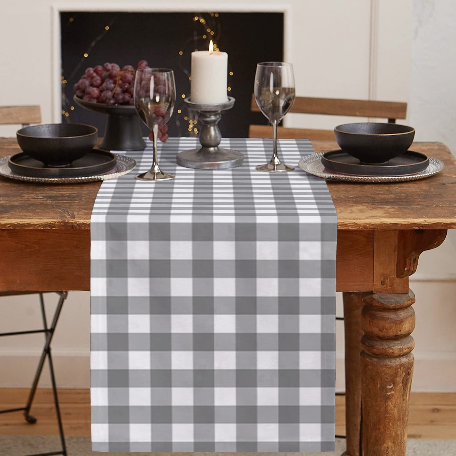 90 Inch Grey White Geometric Buffalo Plaid Burlap Linen Table Runner - Farmhouse Kitchen Dining Decor for Coffee Tables, Weddings & Banquets | Perfect for Rustic Home Decor and Special Events