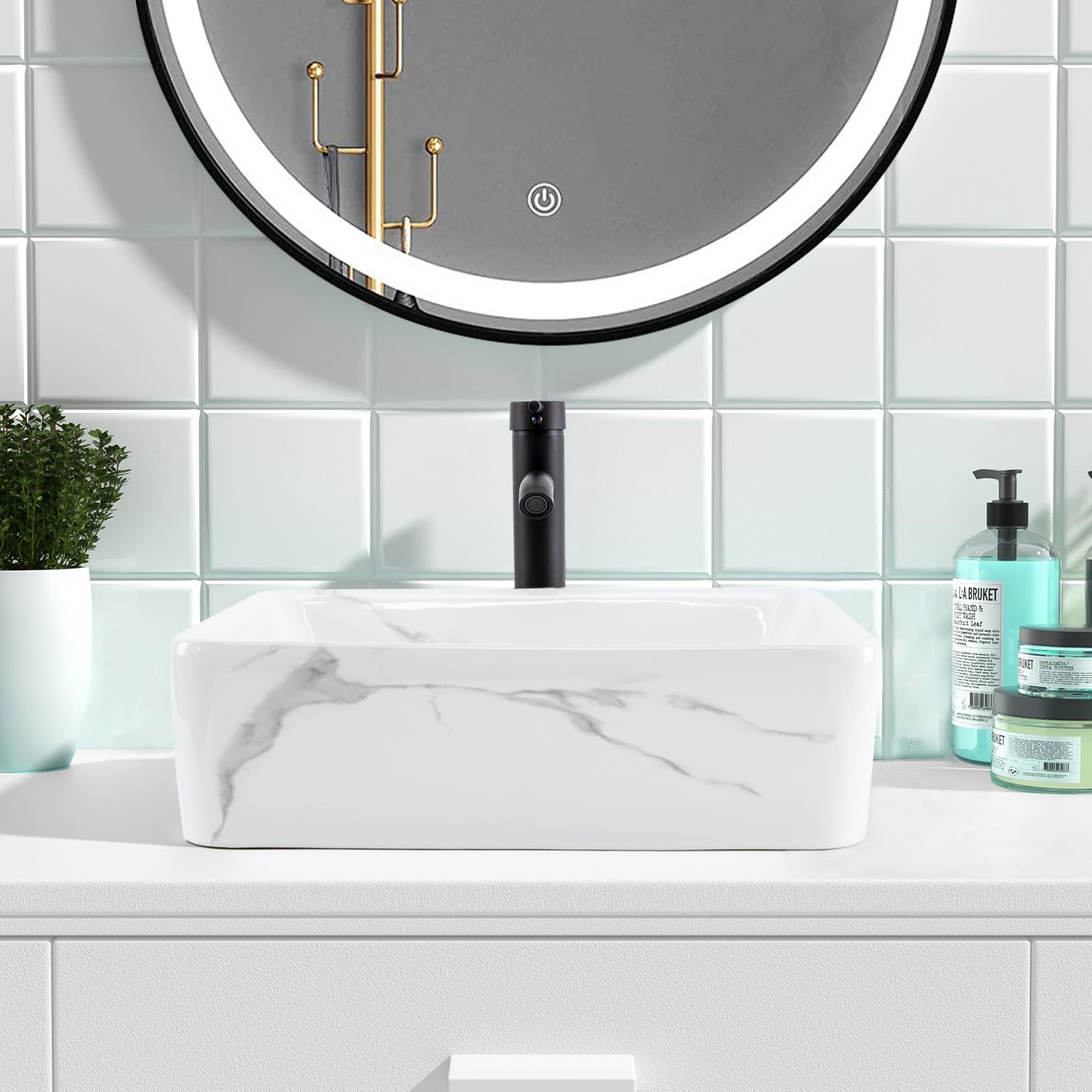19x15 Inch Rectangular Marble Porcelain Ceramic Vessel Sink - Above Counter Bathroom Sink with Faucet & Pop-Up Drain Combo - Perfect for Modern Bathroom Vanity and Powder Room Renovation