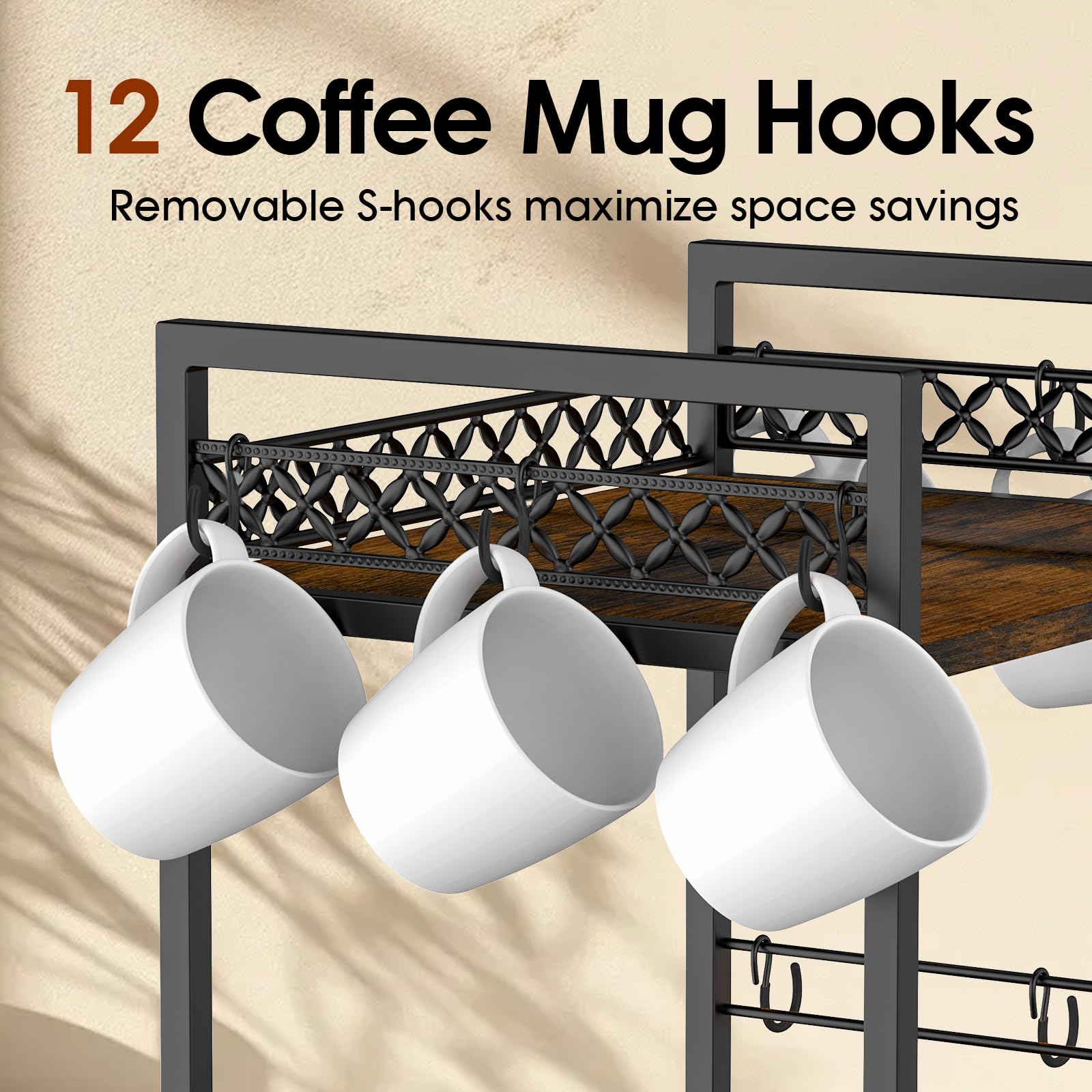 2-Tier Coffee Bar Organizer with 12 Hooks & 30 K-Cup Drawer - Multifunctional Mug Rack & Countertop Shelf for Kitchen Accessories - Perfect for Coffee Stations, Office Break Rooms & Small Space Organization