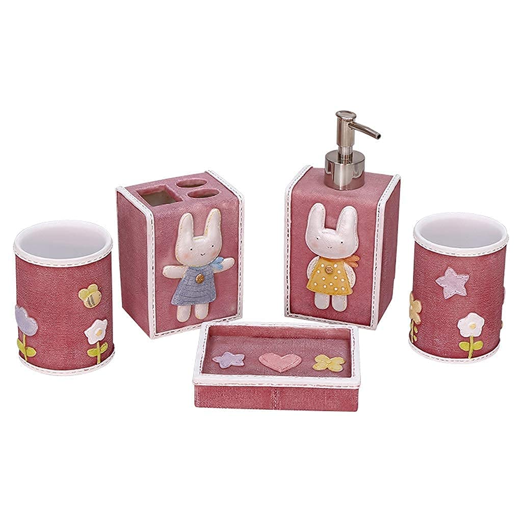 AWJ European Rabbit Pattern Resin Bathroom Accessories Set - 5-Piece Soap Dispenser, Toothbrush Holder & Wash Set | Stylish Bathroom Decor for Home, Apartment & Guest Bath