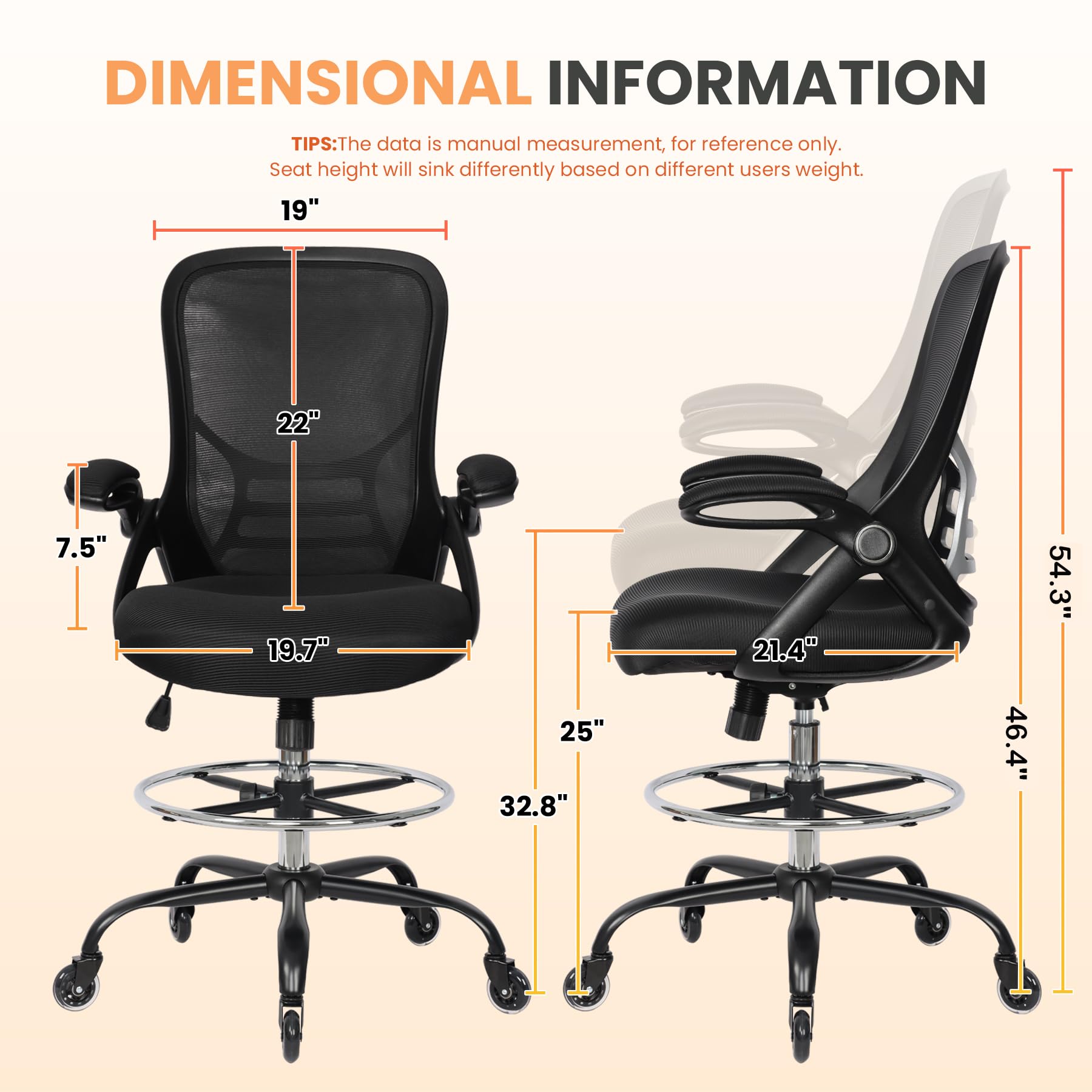 Ergonomic Adjustable Drafting Chair with Lumbar Support & Footrest - Heavy Duty Tall Office Stool for Artists, Standing Desk & Home Office Use - Perfect for Drawing, Drafting & Long Work Sessions