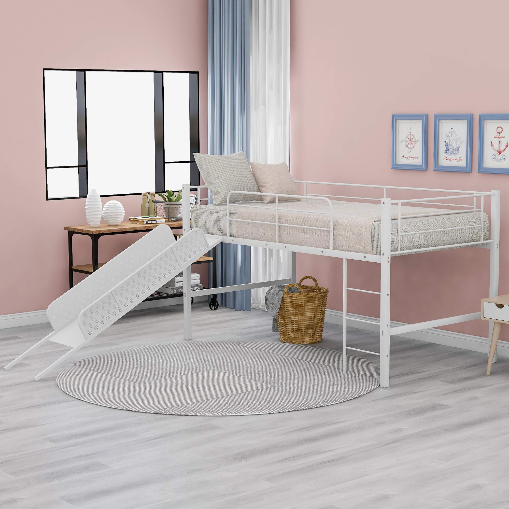 Kids Loft Bed with Slide - Sturdy Metal Twin Loft Bed for Toddlers & Children | Space-Saving Design for Small Bedrooms | No Box Spring Needed (White) - Perfect for Playrooms, Dorm Rooms & Kids' Bedrooms