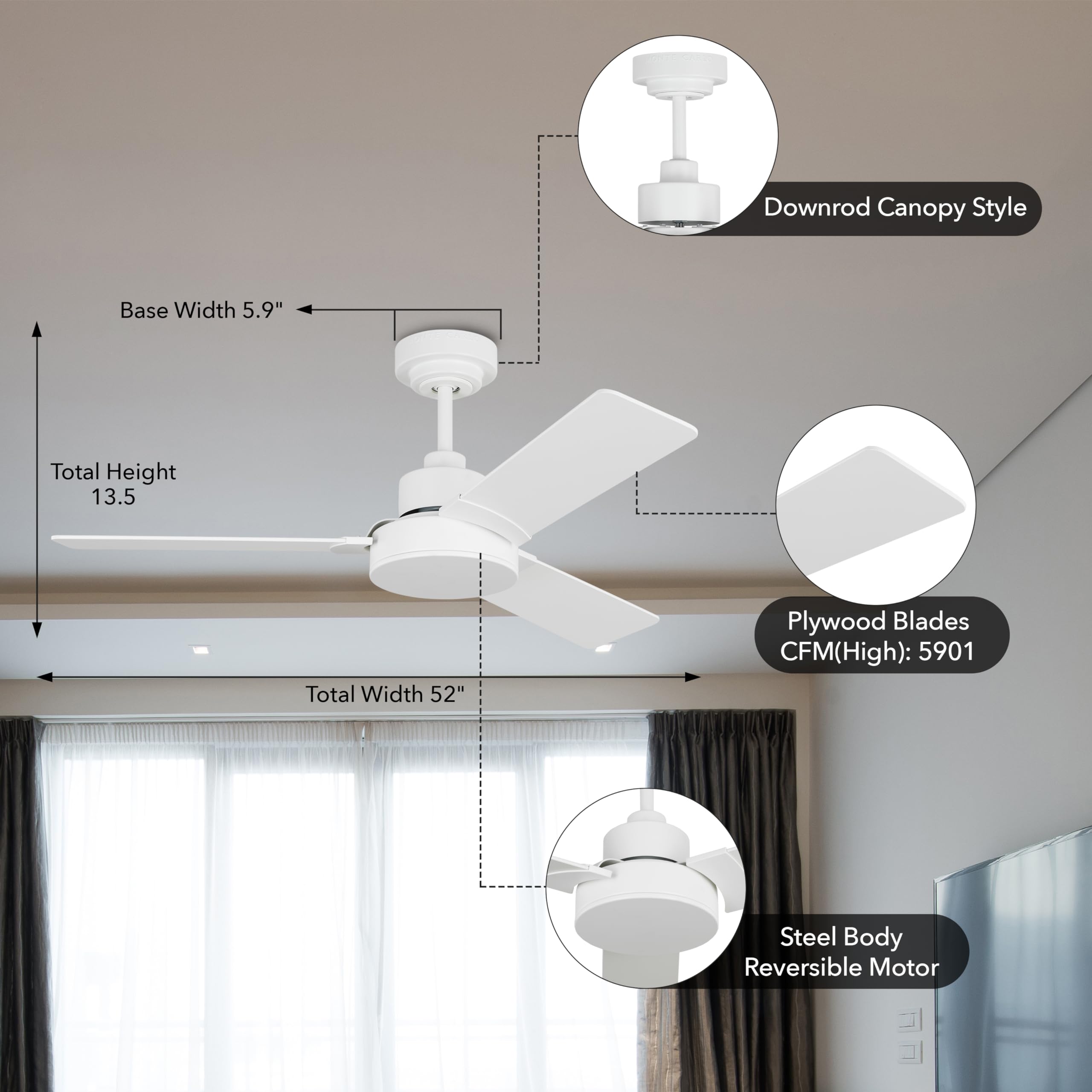 Jovie 52 Inch Modern 3-Blade Ceiling Fan - Matte White Finish - 15.4