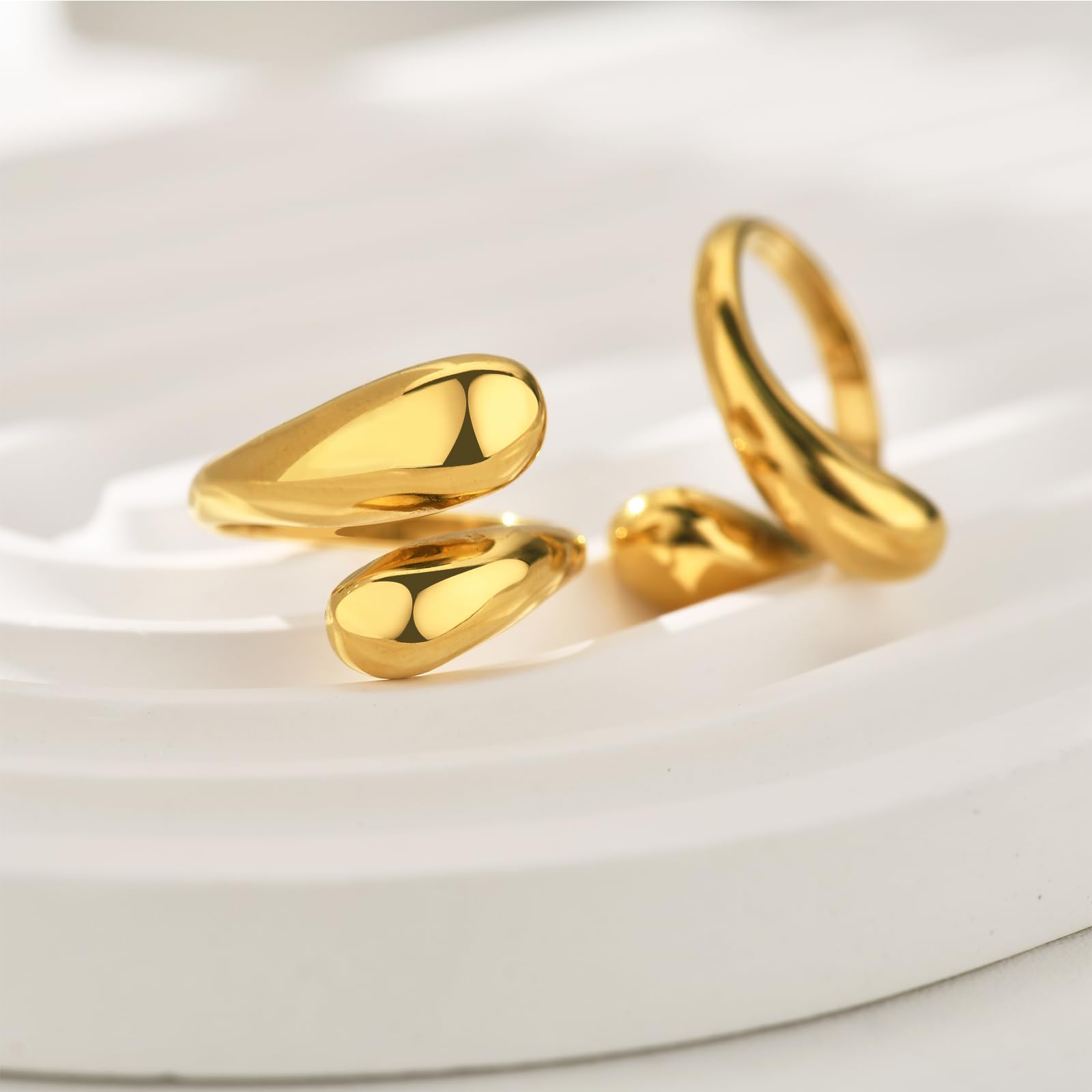 NOKMIT Chunky Gold Dome Rings for Women - Adjustable Bypass Teardrop Statement Ring in High Polished Gold/Silver Tone - Comfort Fit Open Wrap Band for Everyday Wear, Parties & Special Occasions