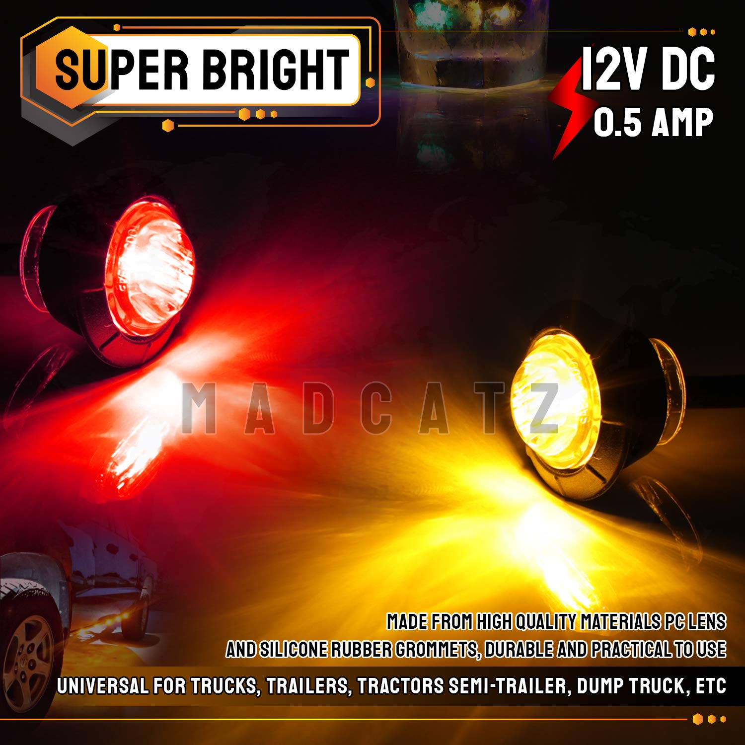 MADCATZ 3/4 Inch Clear Lens LED Side Marker Lights - 100 Amber & 100 Red Flush Mount for Trailer, Truck, Bus, Car - 12V DC - Durable & Bright Indicator Lights for Road Safety & Night Visibility