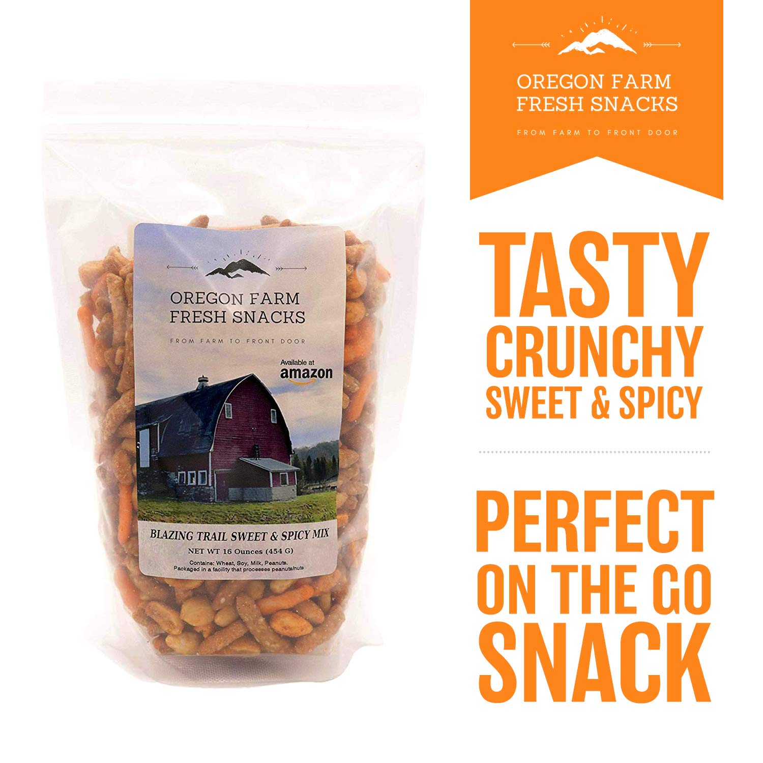 Oregon Farm Fresh Blazing Trail Sweet & Spicy Nut & Cracker Mix - Healthy Crunchy Snacks 16oz Pouch - Perfect for Game Nights, Hiking, Beer Pubs & Office Snacking