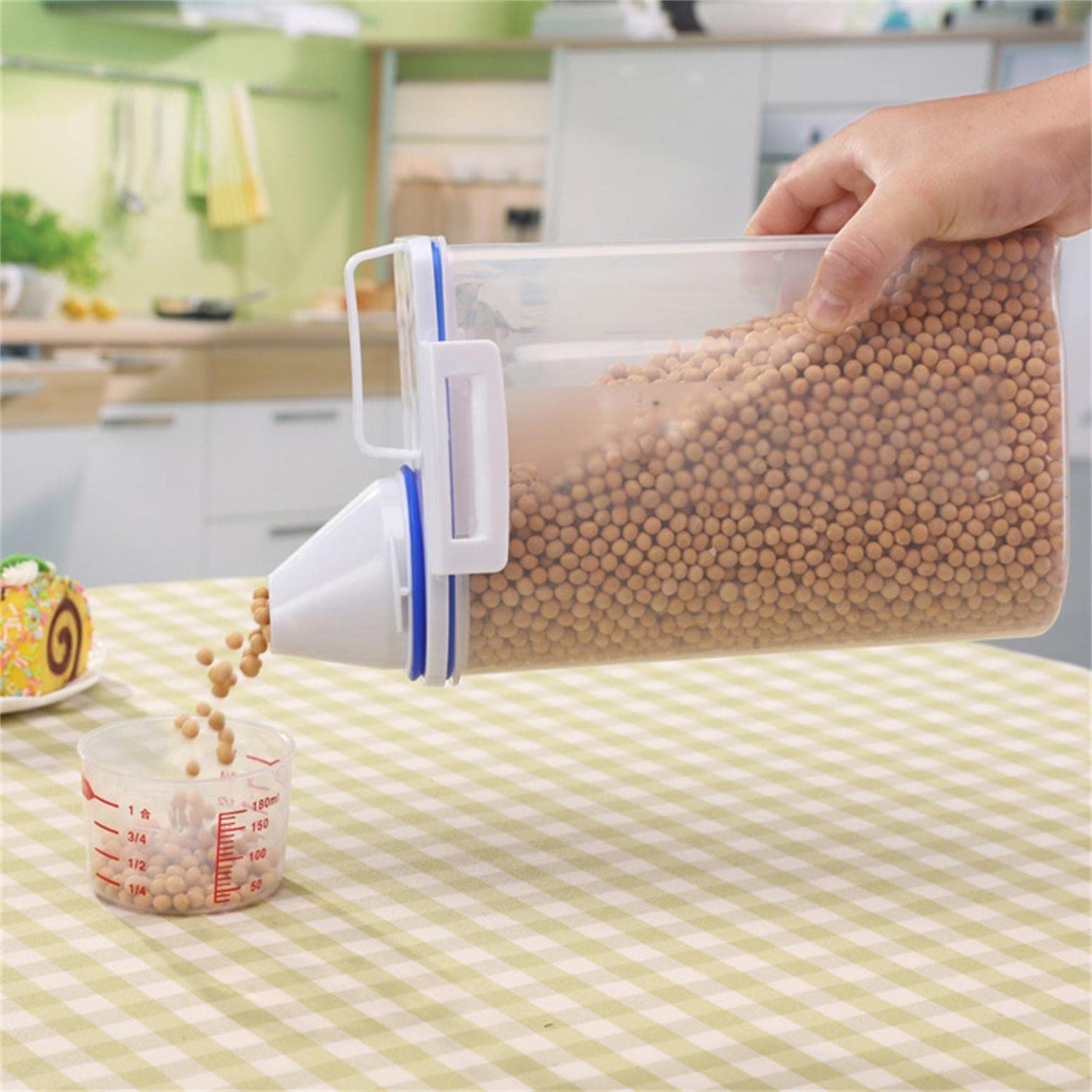 Airtight Rice Storage Bin with Measuring Cup & Pour Spout - 2KG Capacity Kitchen Cereal Container for Rice, Grains & Dry Food - Perfect for Rice Cooker, Pantry Organization & Bulk Food Storage (White)