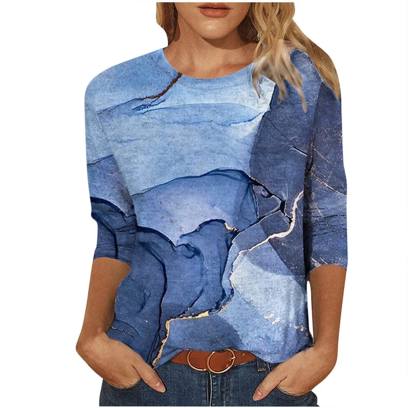 Trendy Women's 3/4 Sleeve Crewneck T-Shirt - Floral Print Loose Fit Casual Top - Plus Size Summer Tunic Tee for Everyday Wear & Outfits