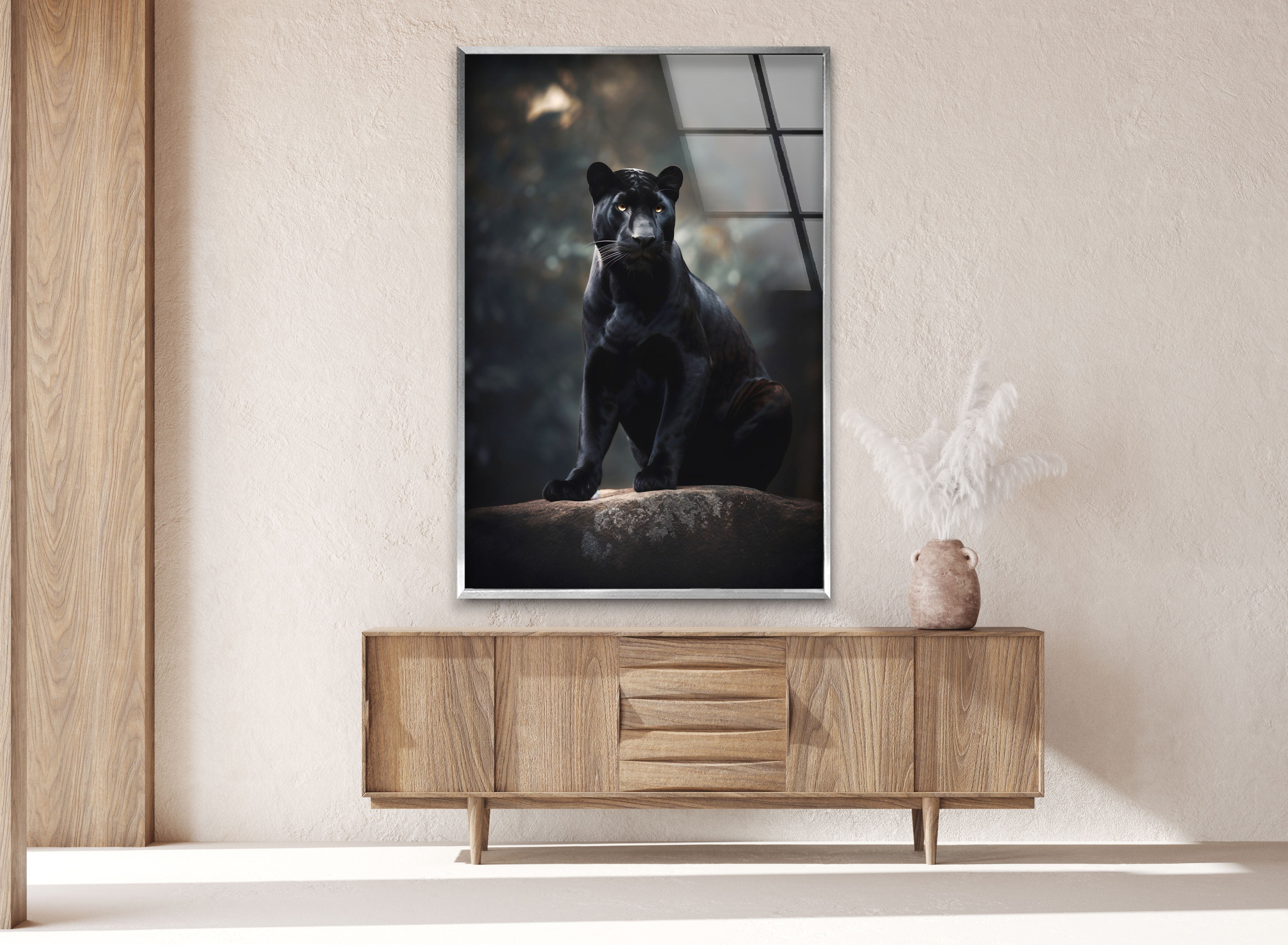 Black Puma Cool Glass Wall Art - Modern Home Decor for Living Room, Bedroom & Office - Unique Animal Themed Stained Glass Panel Artwork